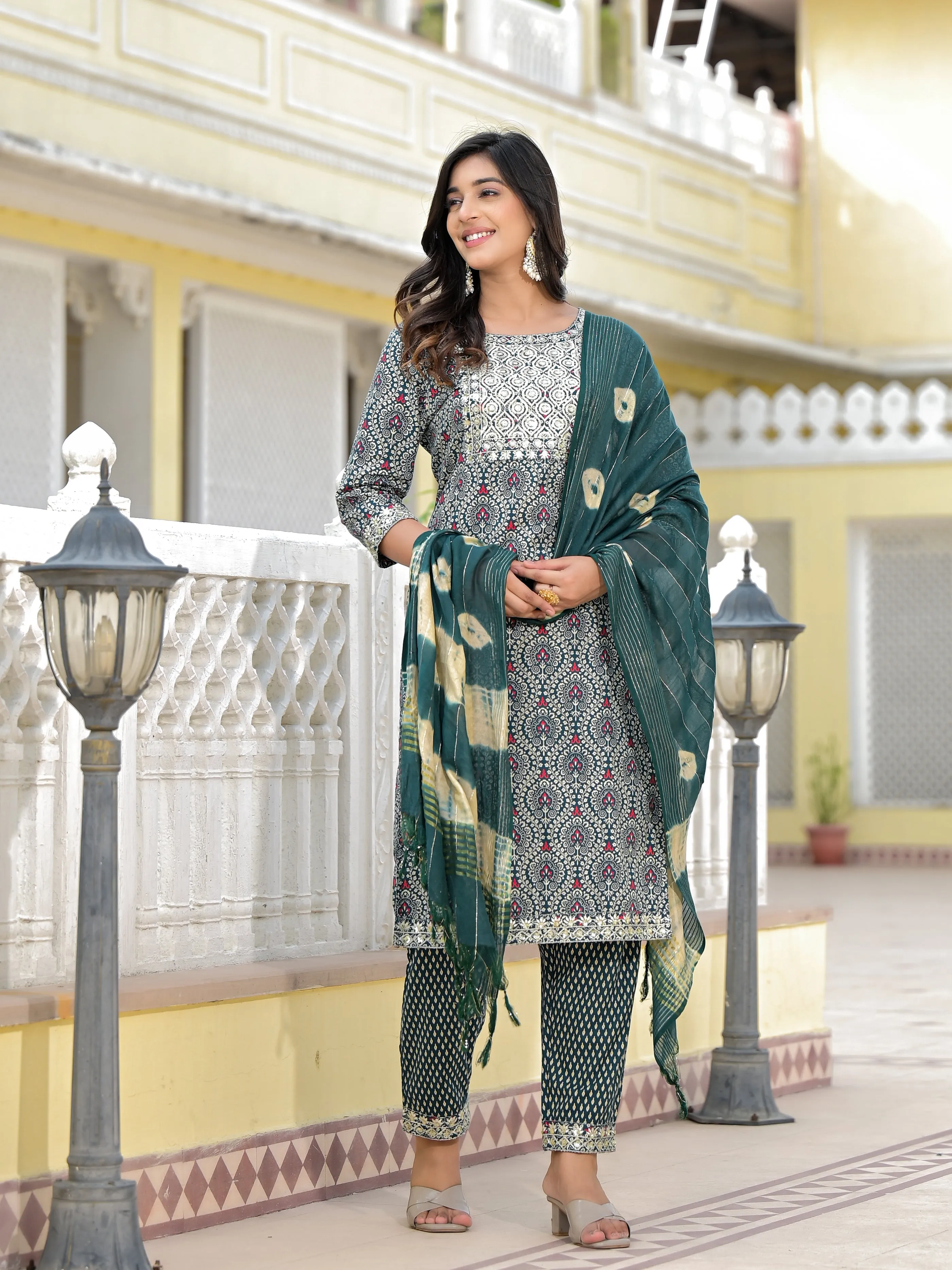 Jashvi Teal Ethnic Motif Printed Cotton Kurta, Pant And Dupatta Set With Zari Work & Sequins