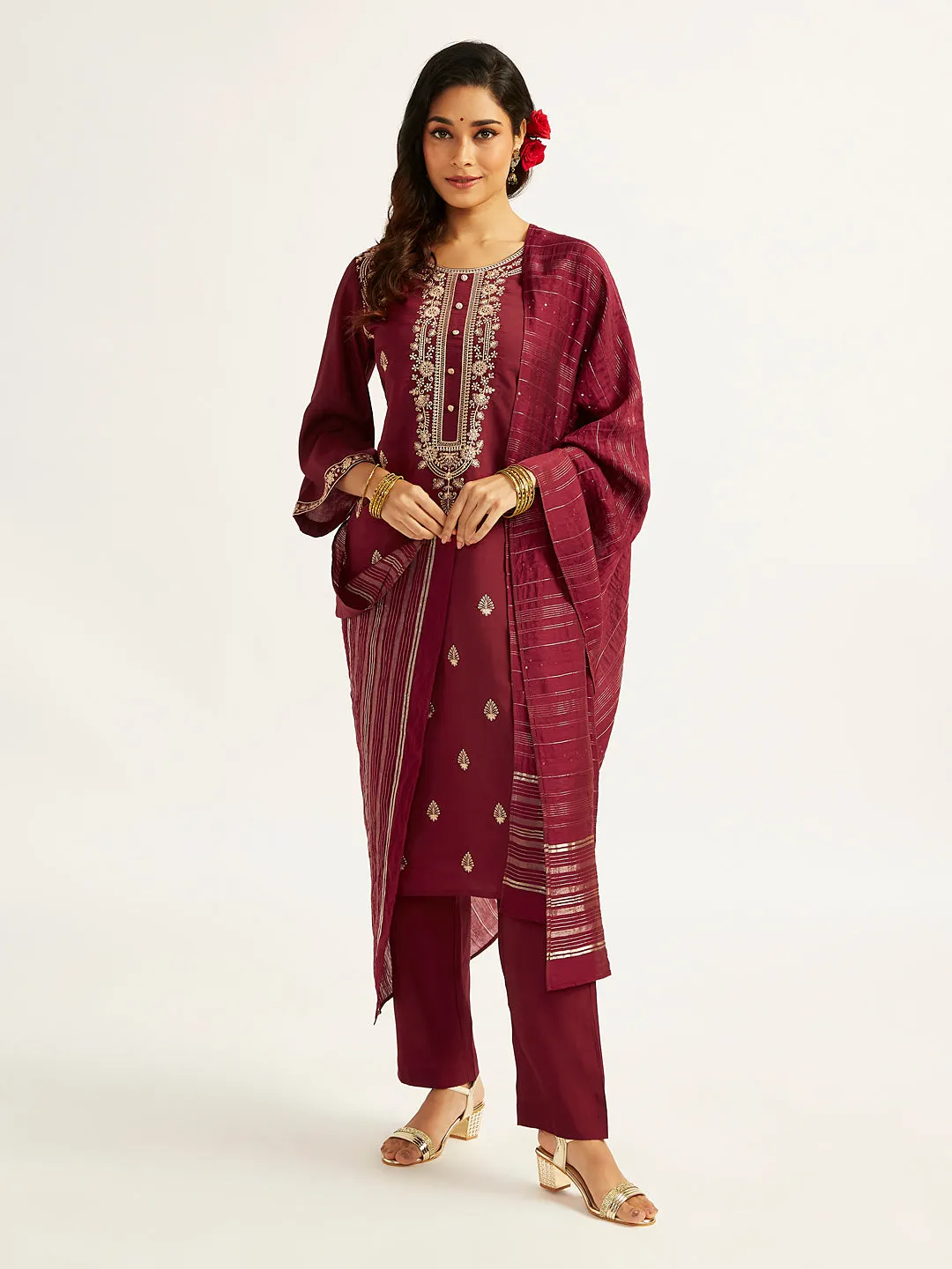 Jashvi Women's Maroon Kurta Set