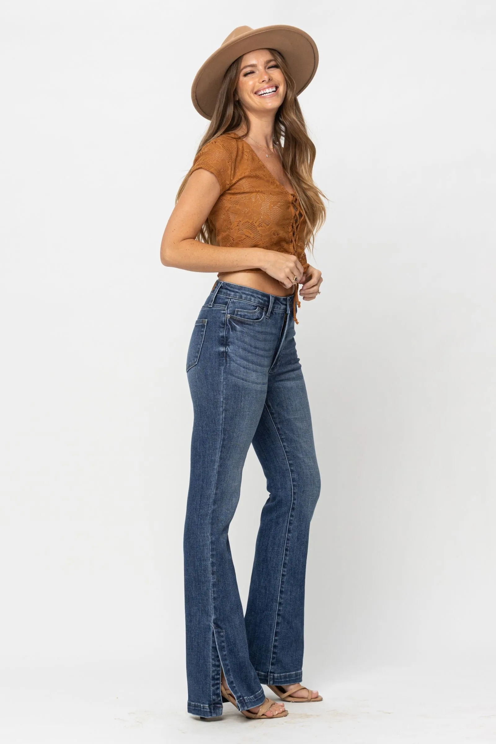 Judy Blue High Waist Tummy Control Top w/ SS Hemmed Slim Bootcut Denim 88476