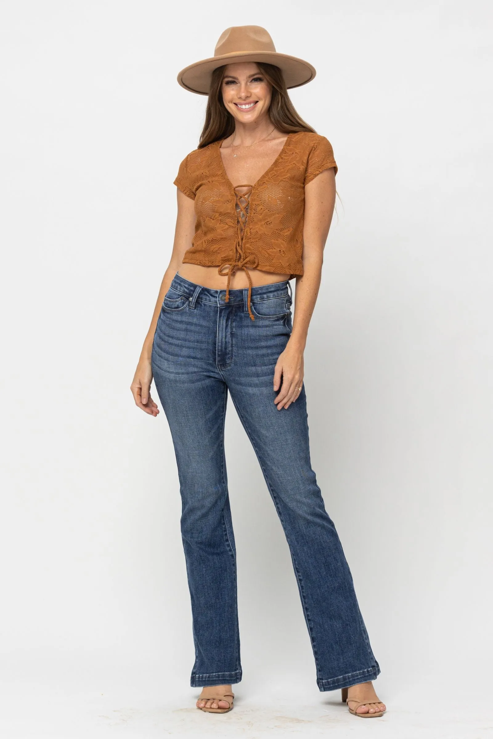 Judy Blue High Waist Tummy Control Top w/ SS Hemmed Slim Bootcut Denim 88476