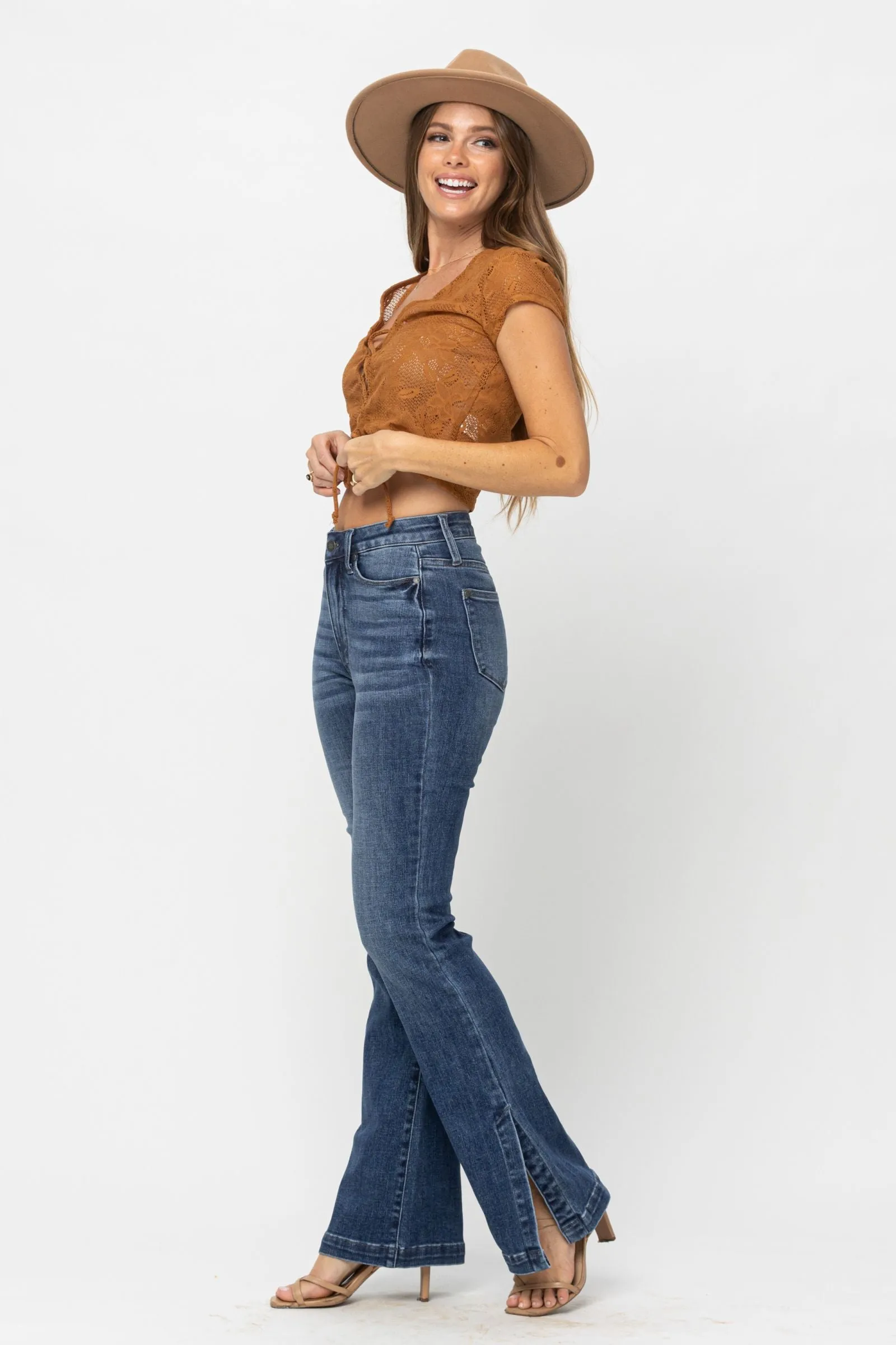 Judy Blue High Waist Tummy Control Top w/ SS Hemmed Slim Bootcut Denim 88476