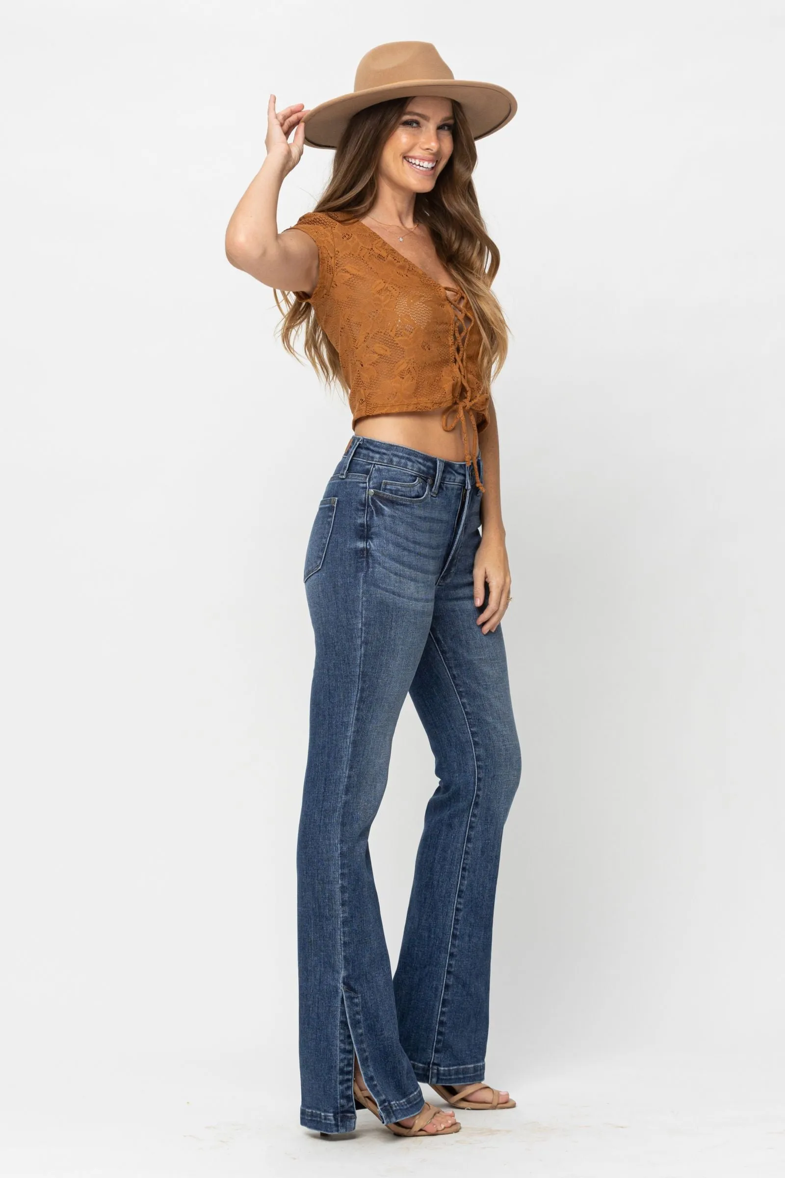 Judy Blue High Waist Tummy Control Top w/ SS Hemmed Slim Bootcut Denim 88476