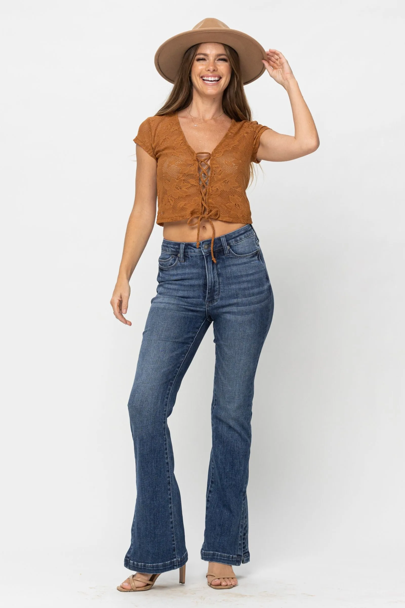 Judy Blue High Waist Tummy Control Top w/ SS Hemmed Slim Bootcut Denim 88476