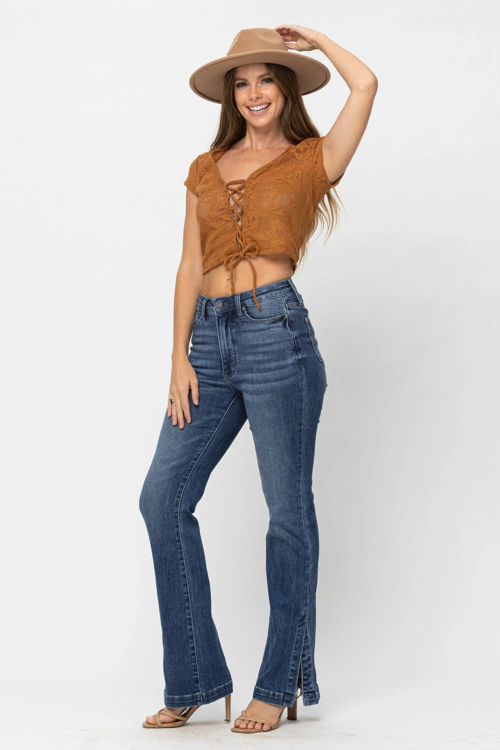 Judy Blue High Waist Tummy Control Top w/ SS Hemmed Slim Bootcut Denim 88476