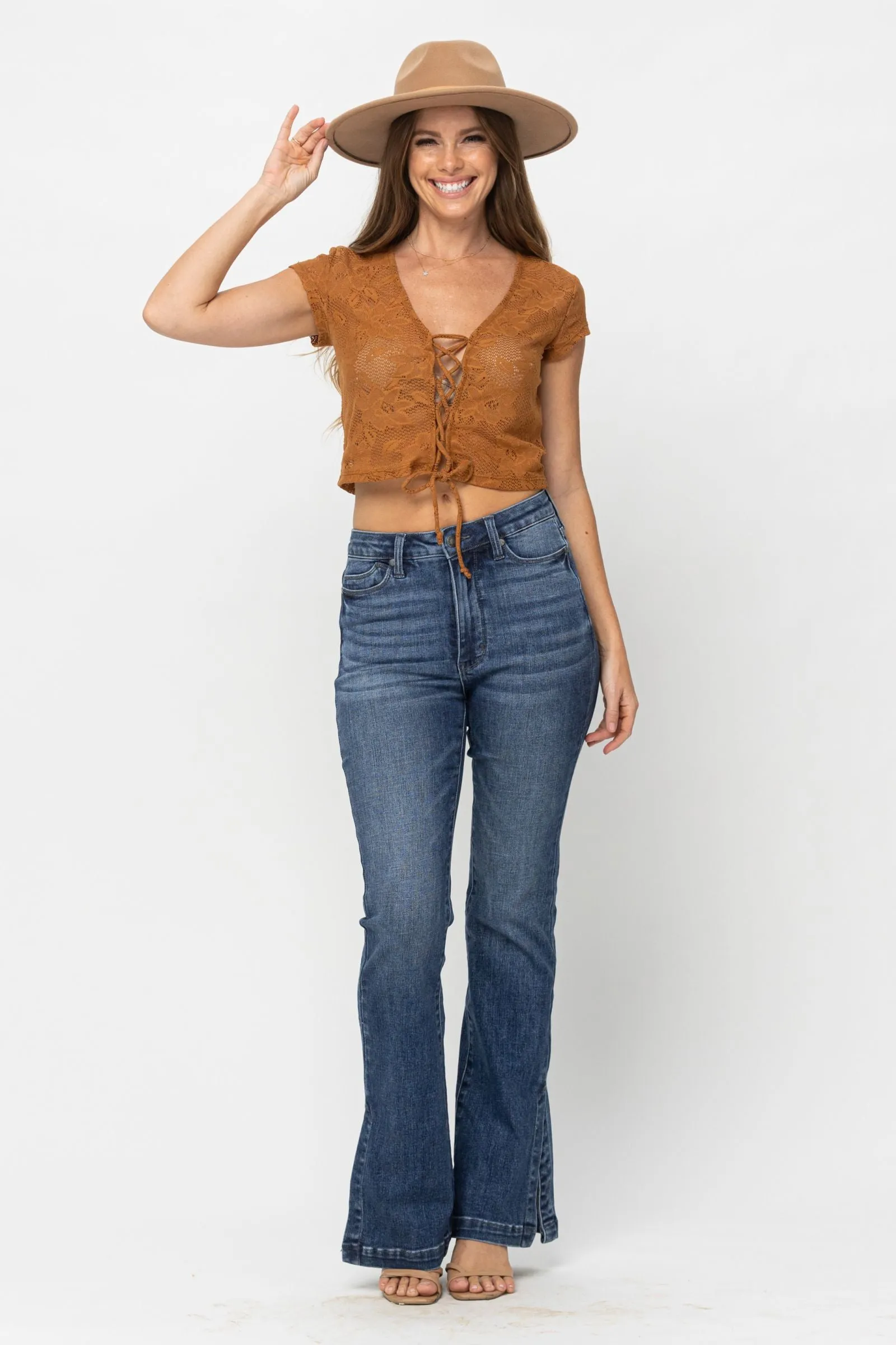 Judy Blue High Waist Tummy Control Top w/ SS Hemmed Slim Bootcut Denim 88476