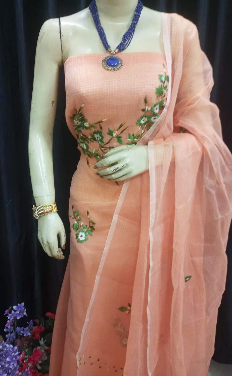 Kota Cotton Light Orange Embroidered Suit with Dupatta Suit