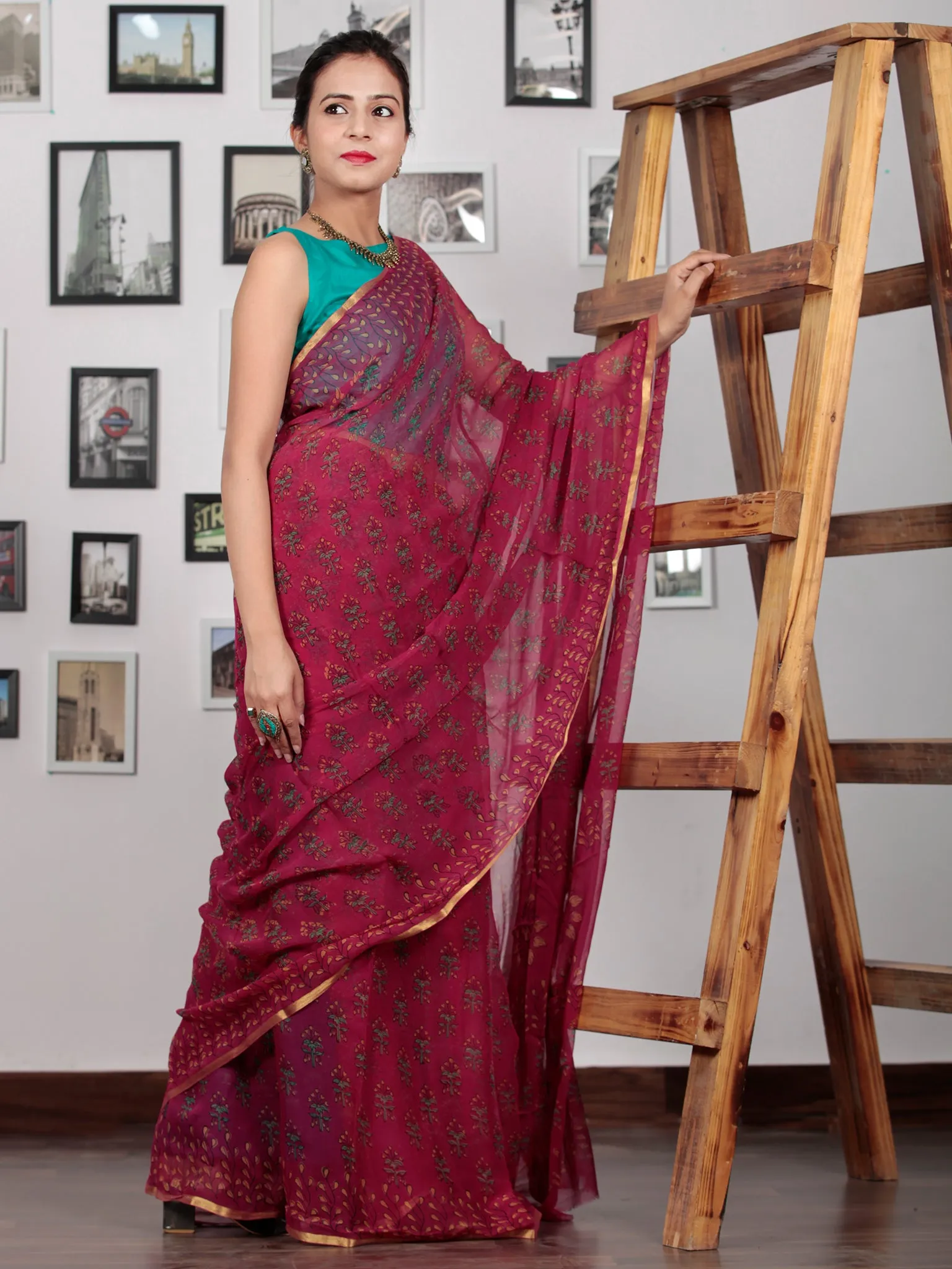 Lavender Green Hand Block Printed Chiffon Saree with Zari Border - S031702777