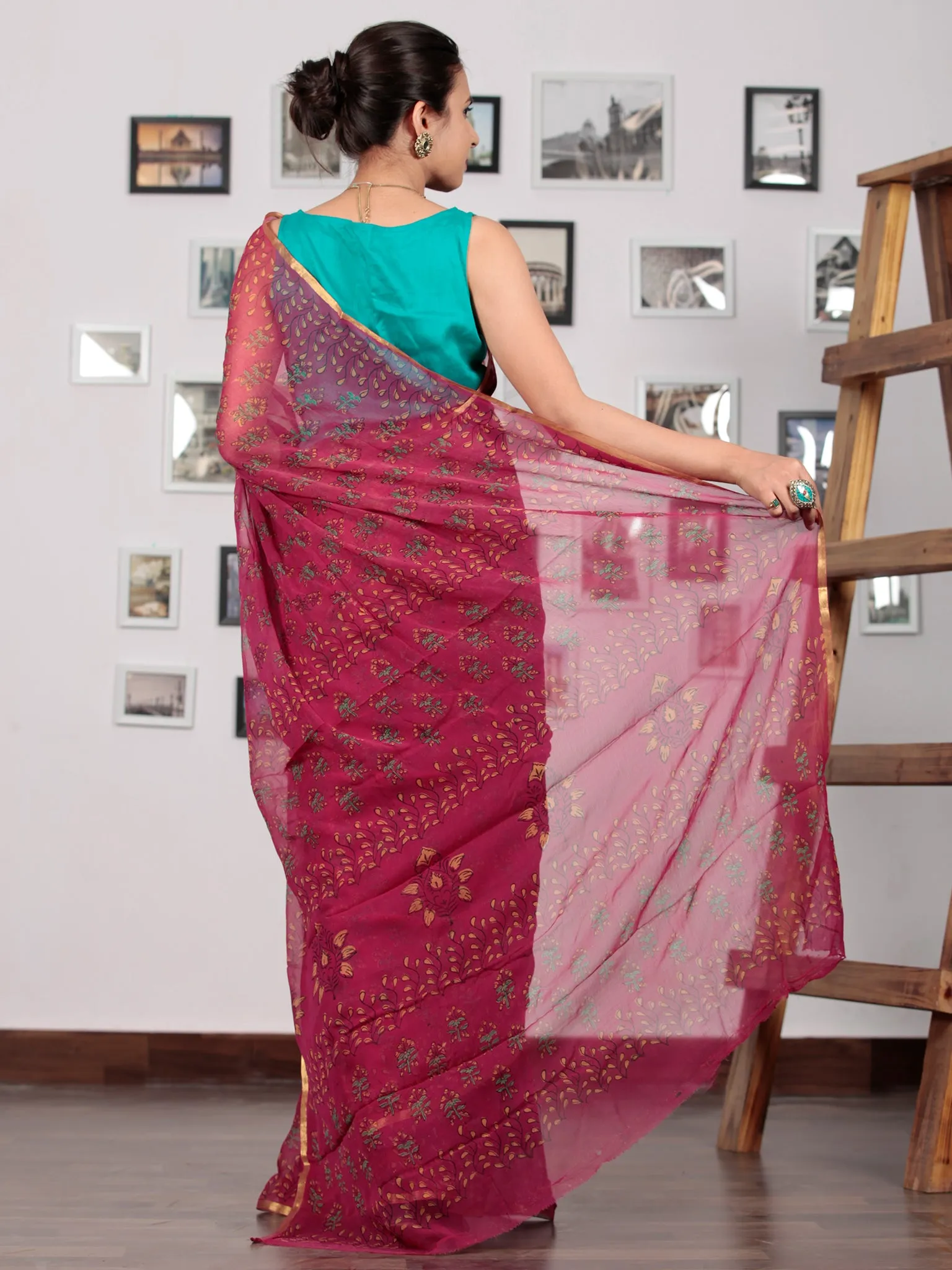 Lavender Green Hand Block Printed Chiffon Saree with Zari Border - S031702777