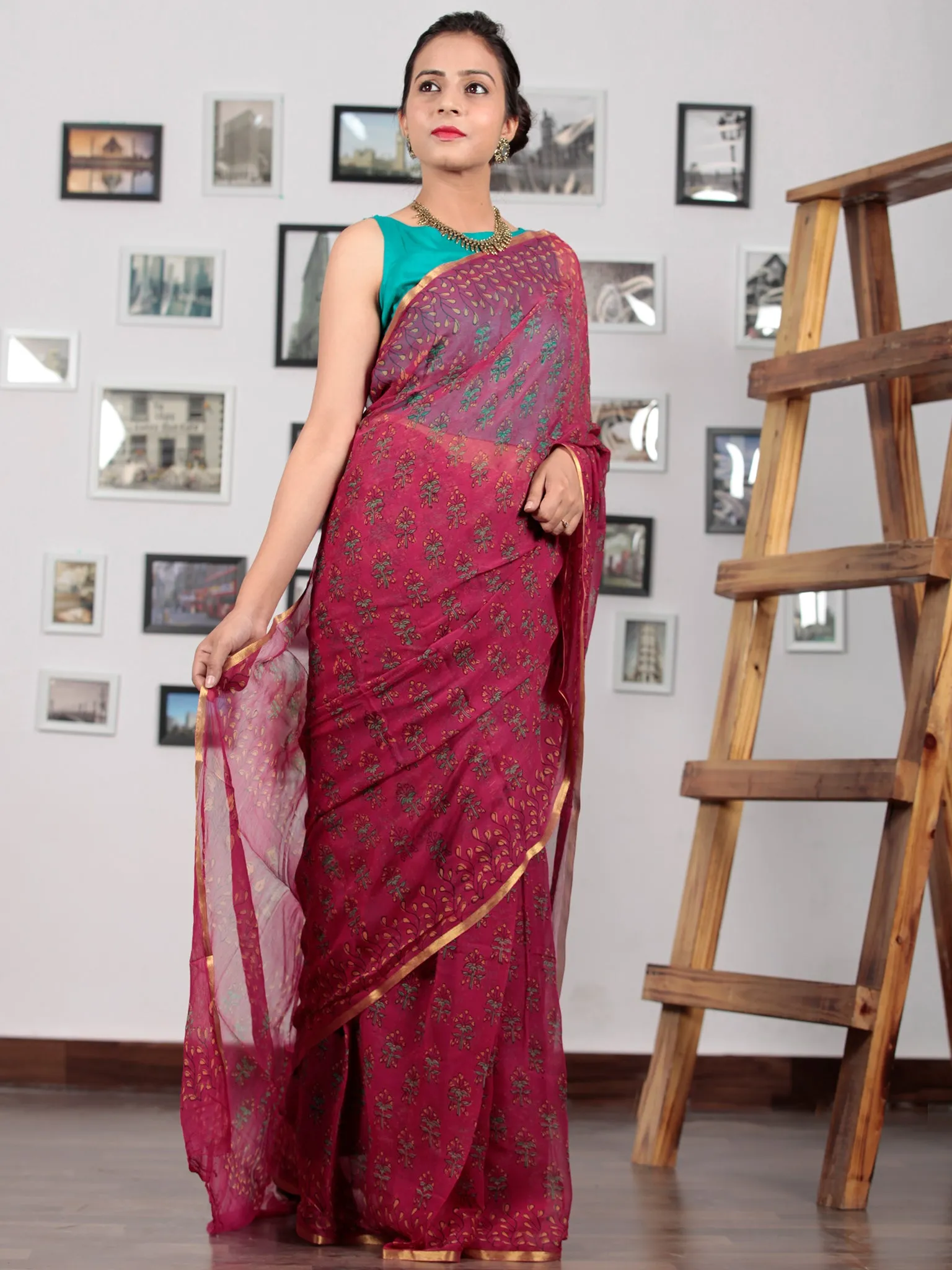 Lavender Green Hand Block Printed Chiffon Saree with Zari Border - S031702777