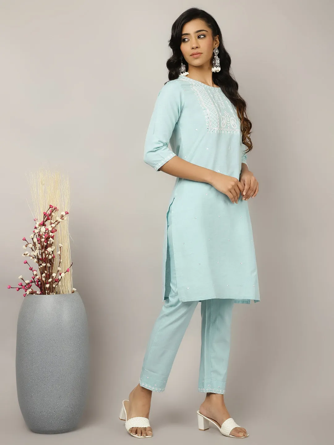 Light Blue Sequin Embroidered Suit Set