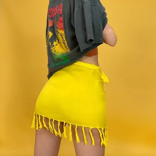 Linen Fringe Hem High Waisted Wrap Sarong Cover Up Mini Skirt | Yellow