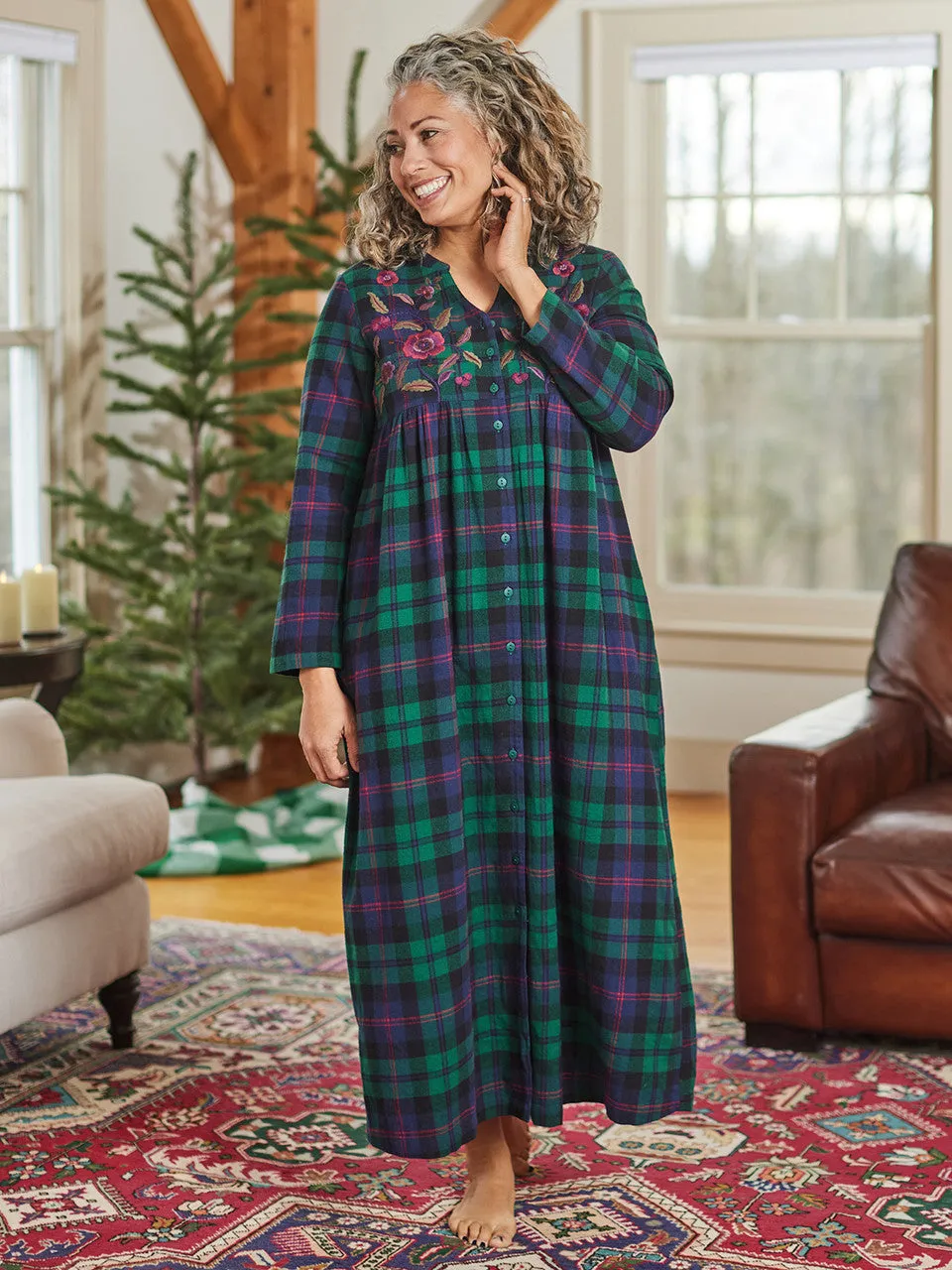 Long Flannel Nightgown Yuletide Green Blue