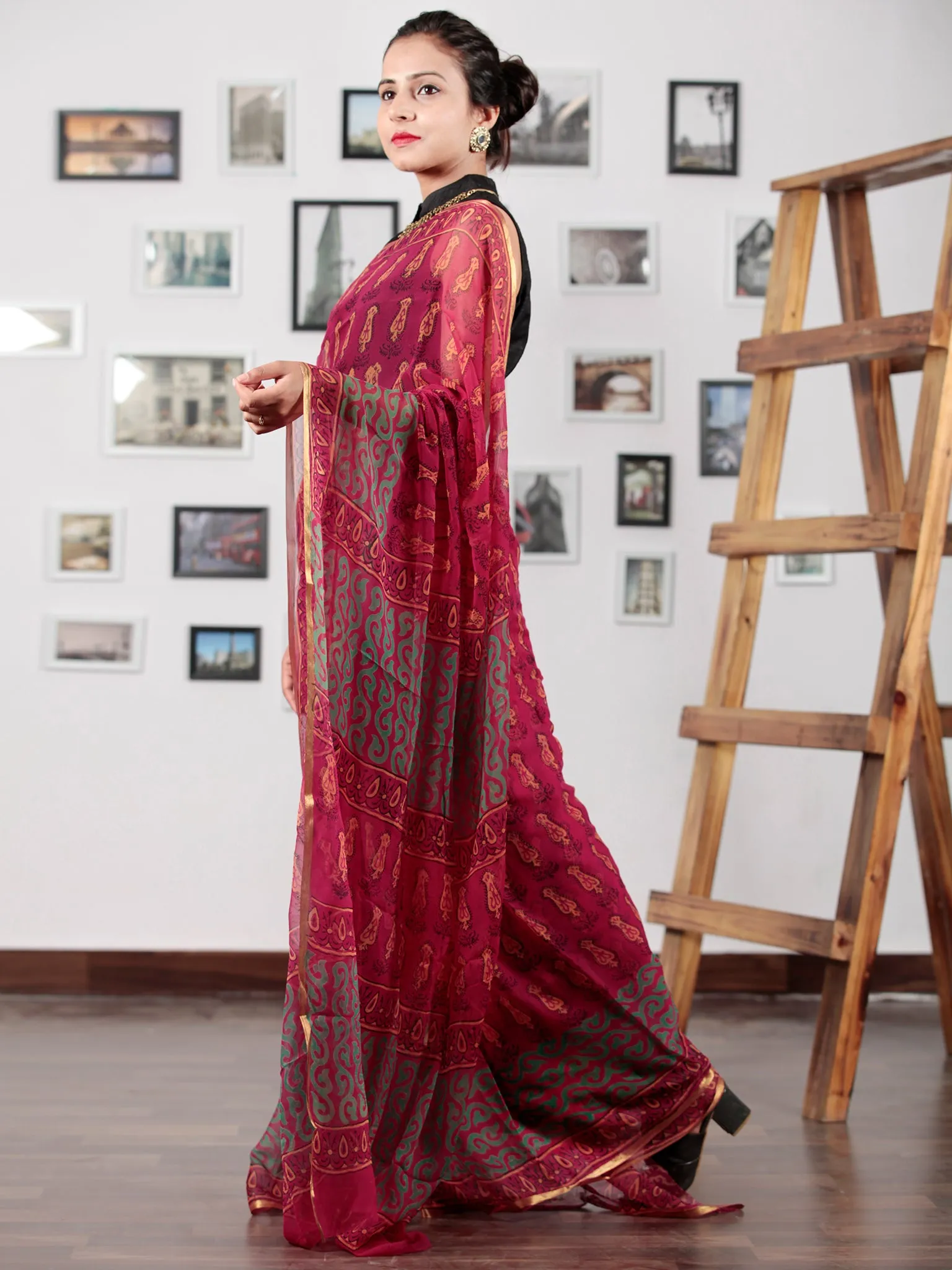 Maroon Green Yellow Black Hand Block Printed Chiffon Saree with Zari Border - S031702746