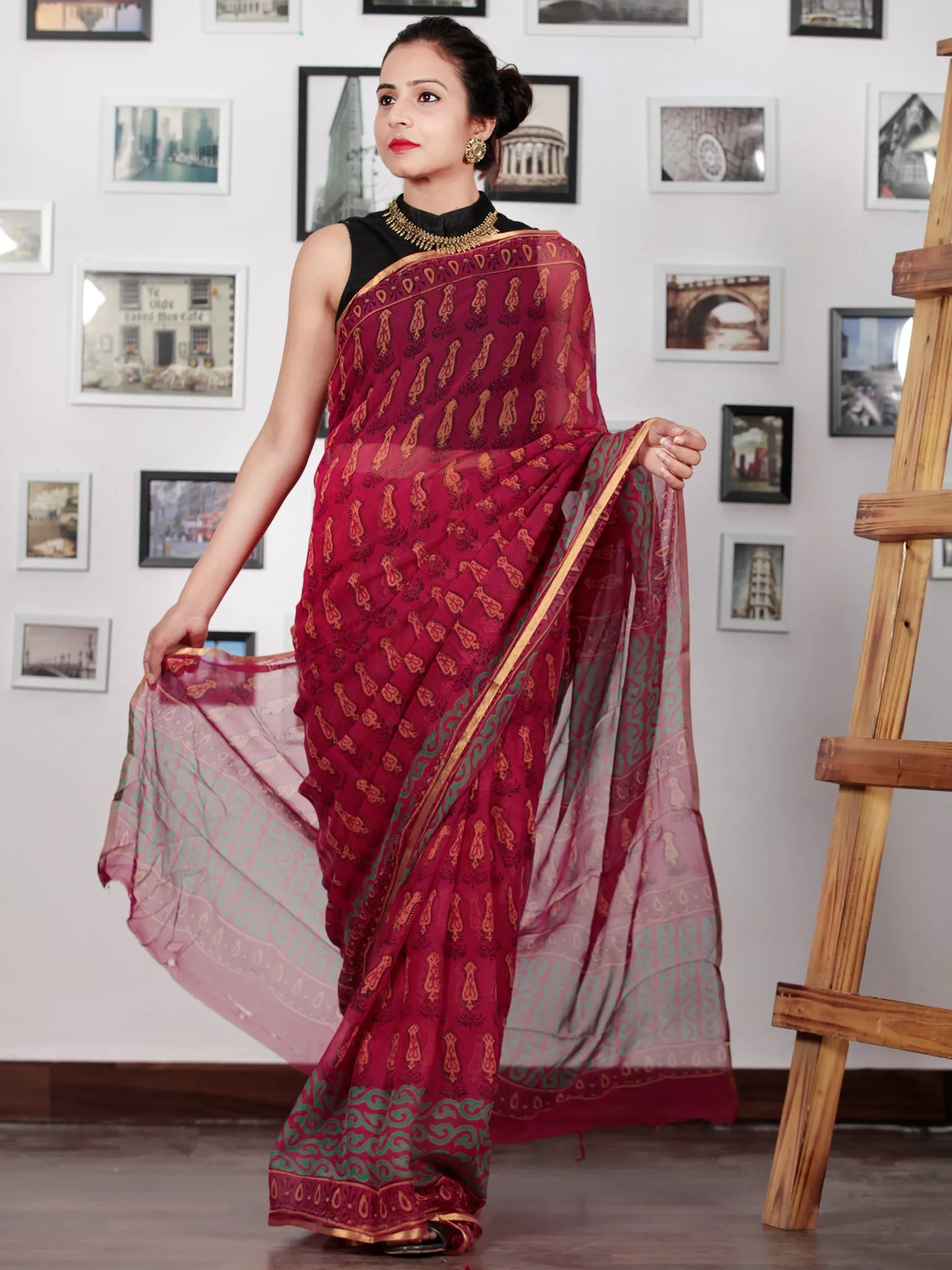 Maroon Green Yellow Black Hand Block Printed Chiffon Saree with Zari Border - S031702746