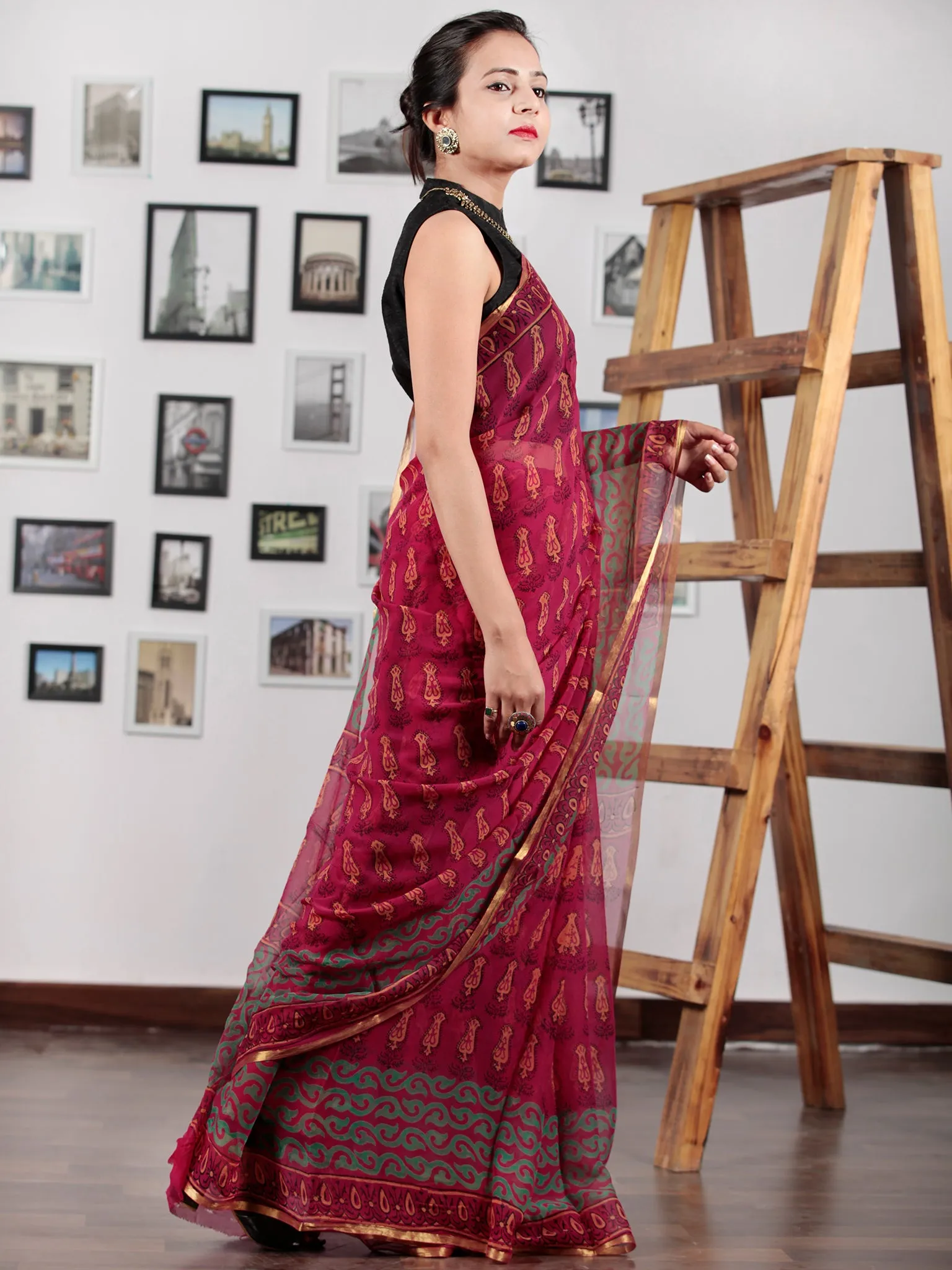 Maroon Green Yellow Black Hand Block Printed Chiffon Saree with Zari Border - S031702746