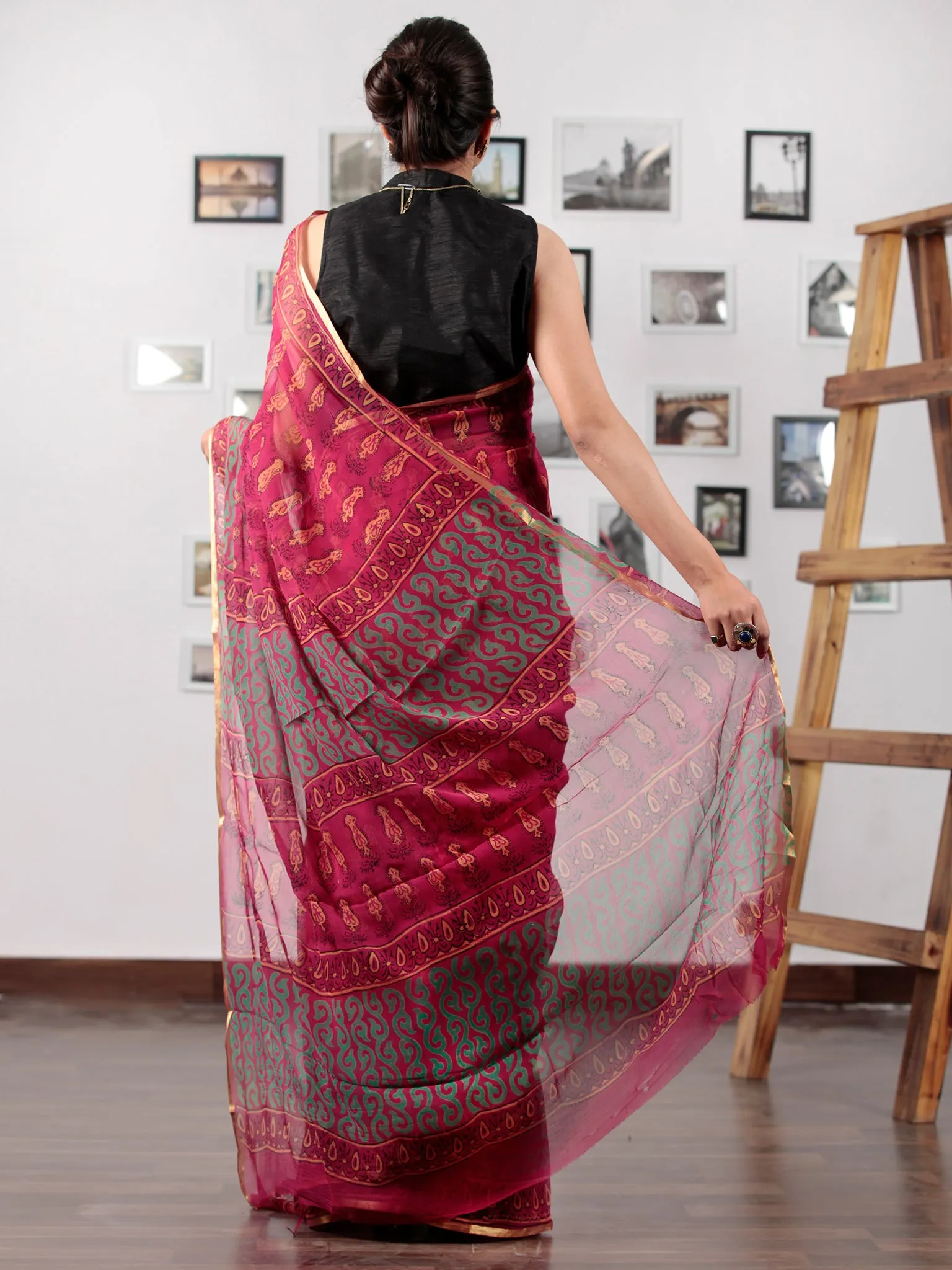 Maroon Green Yellow Black Hand Block Printed Chiffon Saree with Zari Border - S031702746