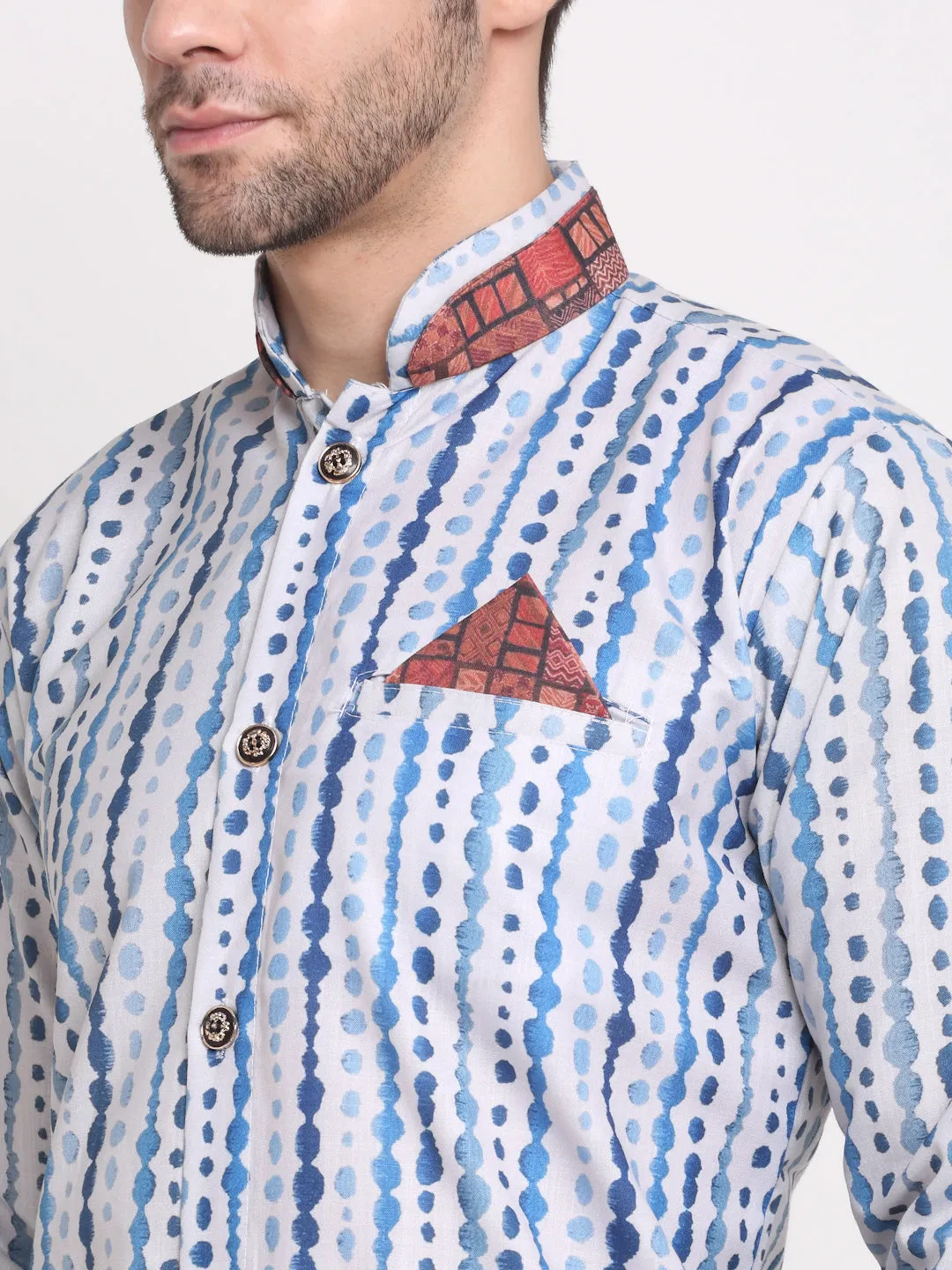 Men's White & Blue Printed Kurta With White Pyjamas Set - Benstoke