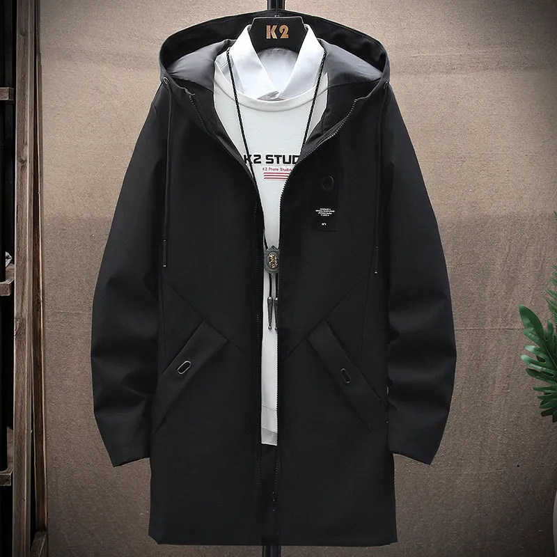 Men's Winter Long Hooded Jacket Business Overcoat Mid Length Trench Coat