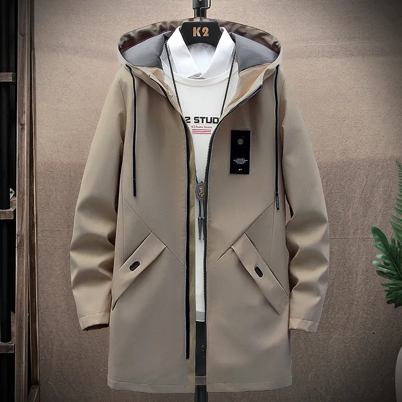 Men's Winter Long Hooded Jacket Business Overcoat Mid Length Trench Coat