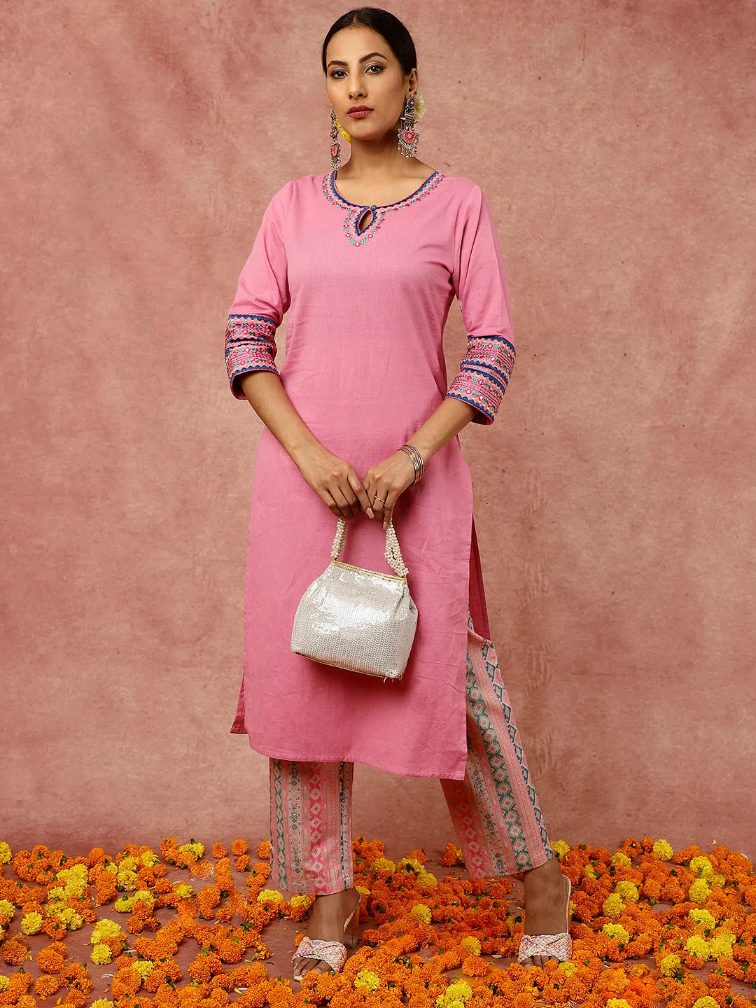 Mirror Embroidered Pink Straight Kurta With Geometric Printed Pants