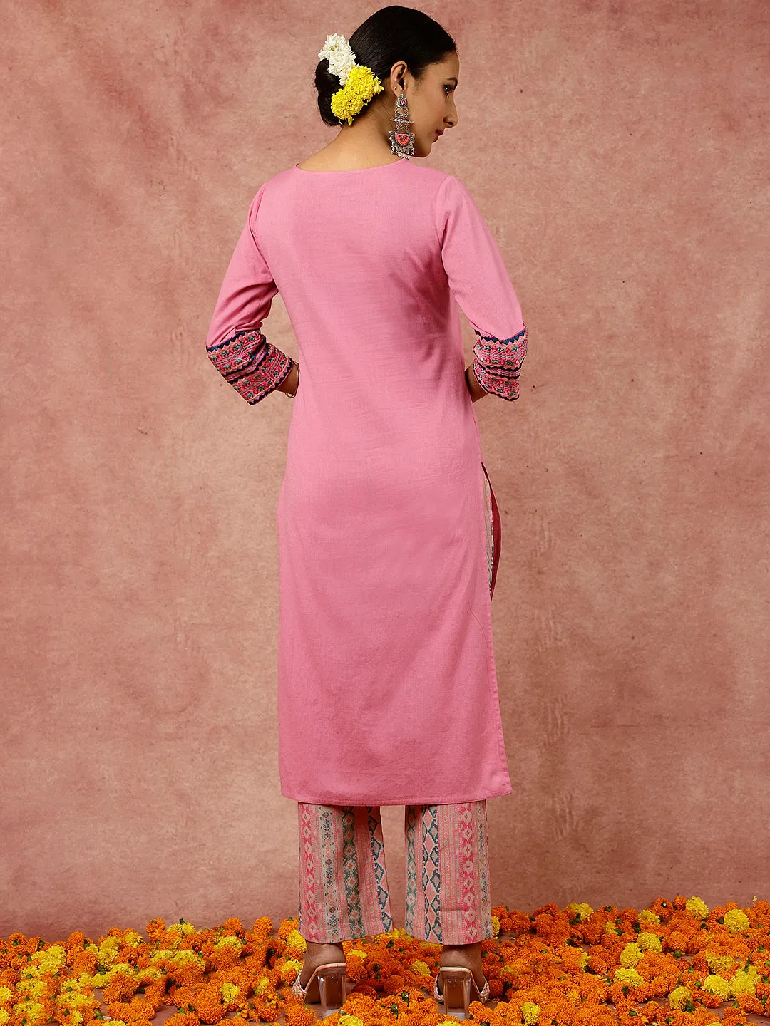 Mirror Embroidered Pink Straight Kurta With Geometric Printed Pants