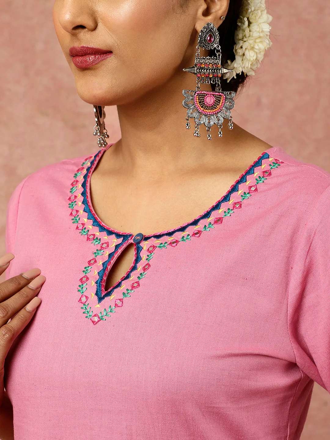 Mirror Embroidered Pink Straight Kurta With Geometric Printed Pants