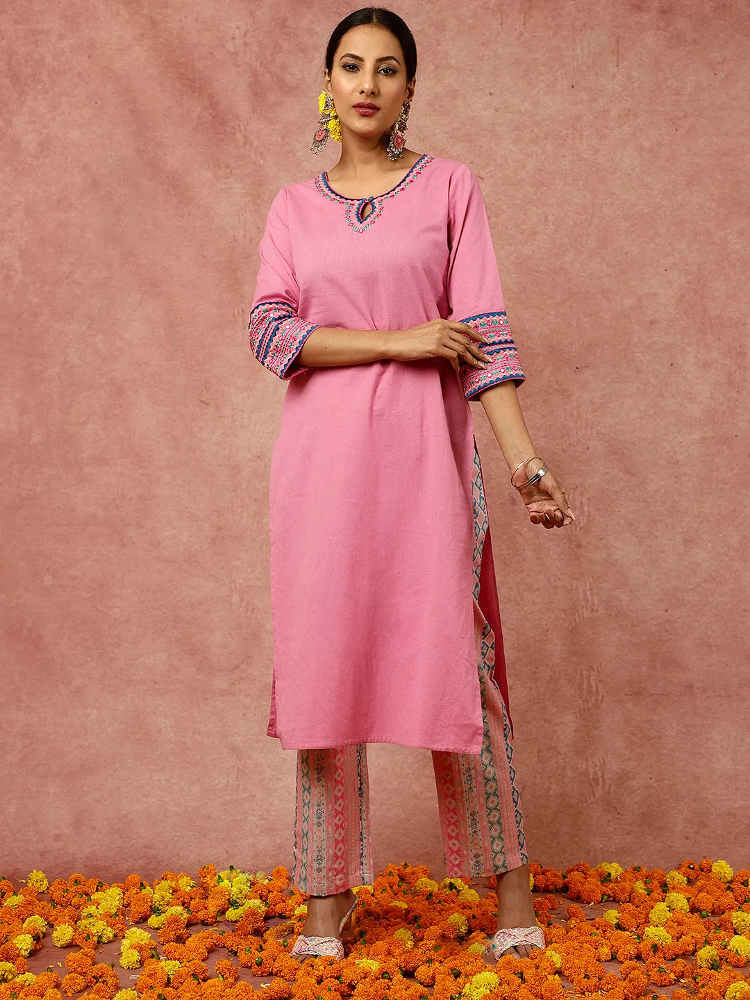 Mirror Embroidered Pink Straight Kurta With Geometric Printed Pants