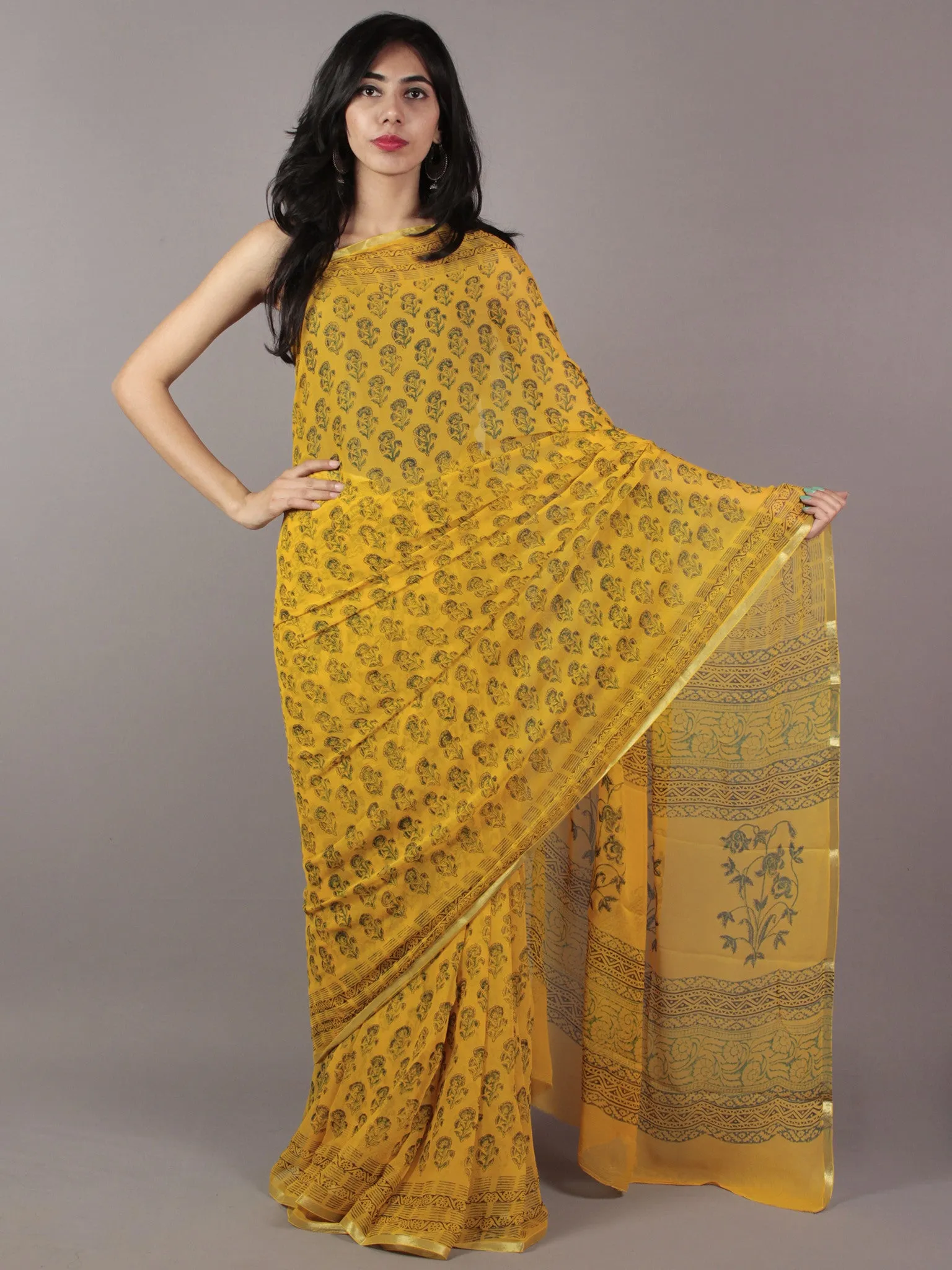 Mustard Yellow Teal Green Black Hand Block Printed Chiffon Saree - S031701835