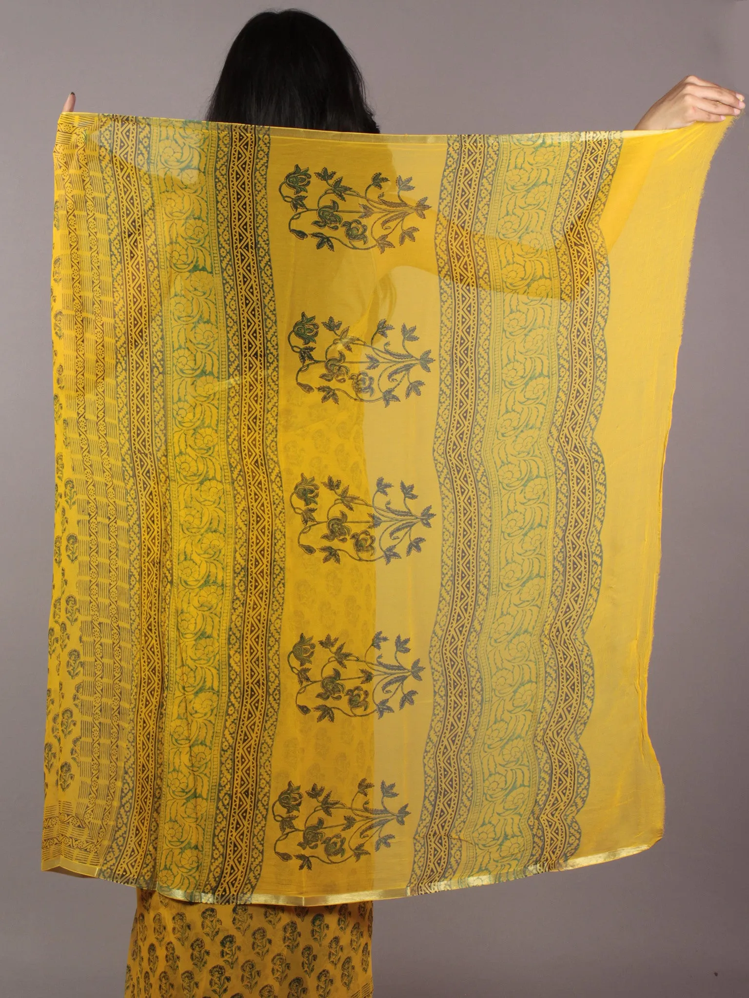 Mustard Yellow Teal Green Black Hand Block Printed Chiffon Saree - S031701835