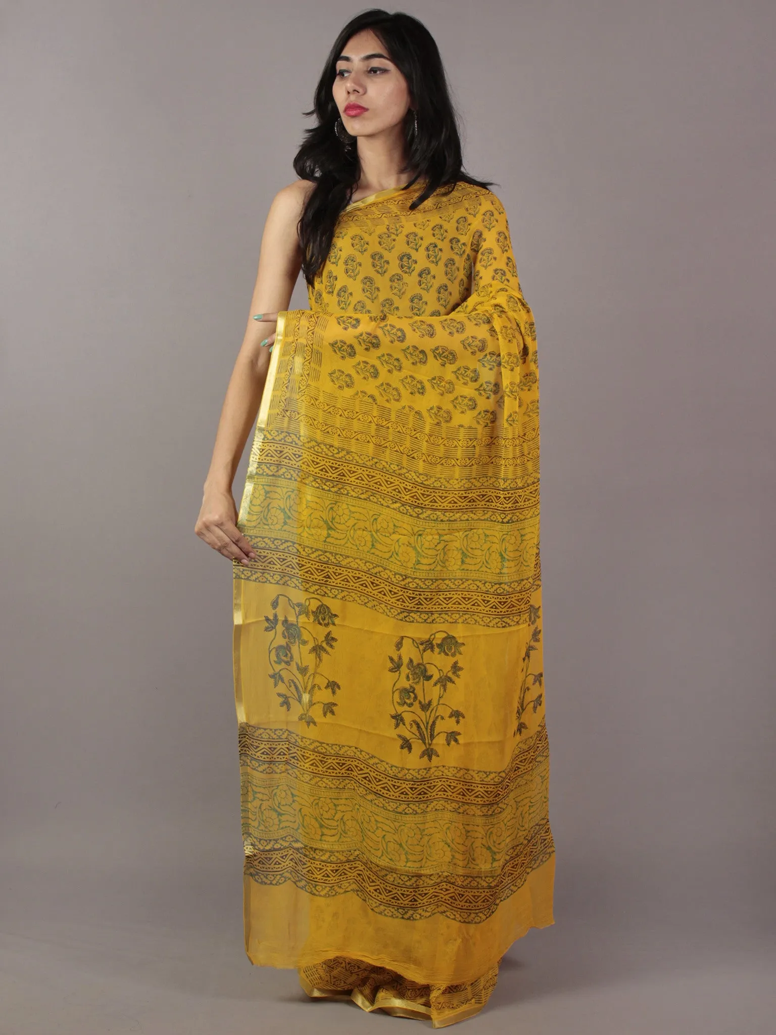 Mustard Yellow Teal Green Black Hand Block Printed Chiffon Saree - S031701835