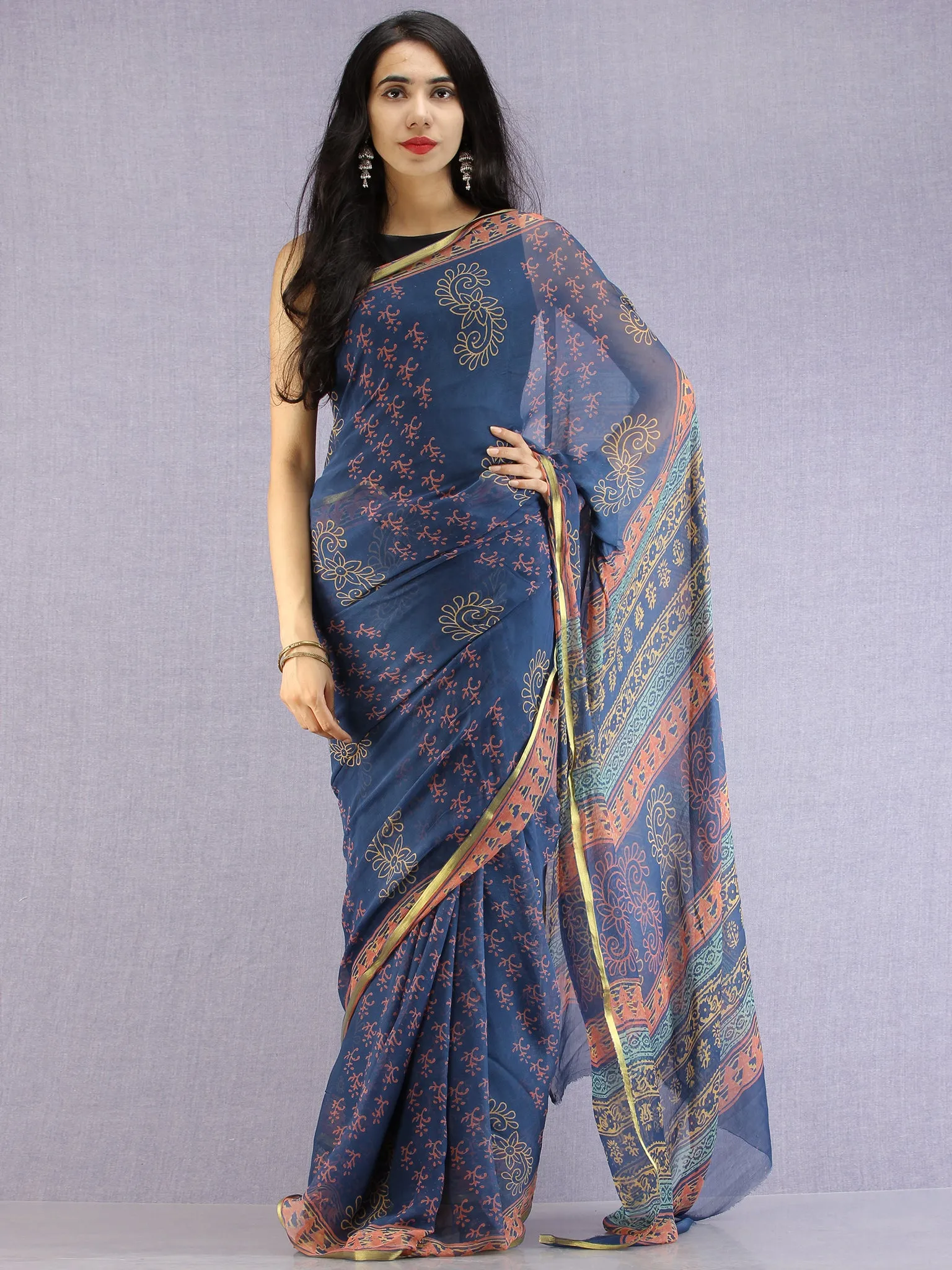 Navy Coral Yellow Hand Block Printed Chiffon Saree with Zari Border - S031704611