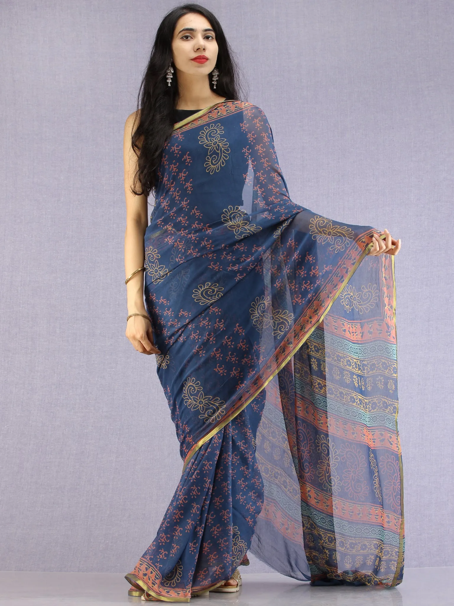 Navy Coral Yellow Hand Block Printed Chiffon Saree with Zari Border - S031704611