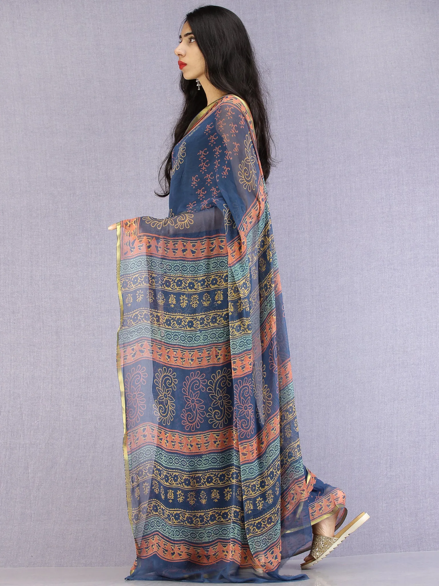 Navy Coral Yellow Hand Block Printed Chiffon Saree with Zari Border - S031704611