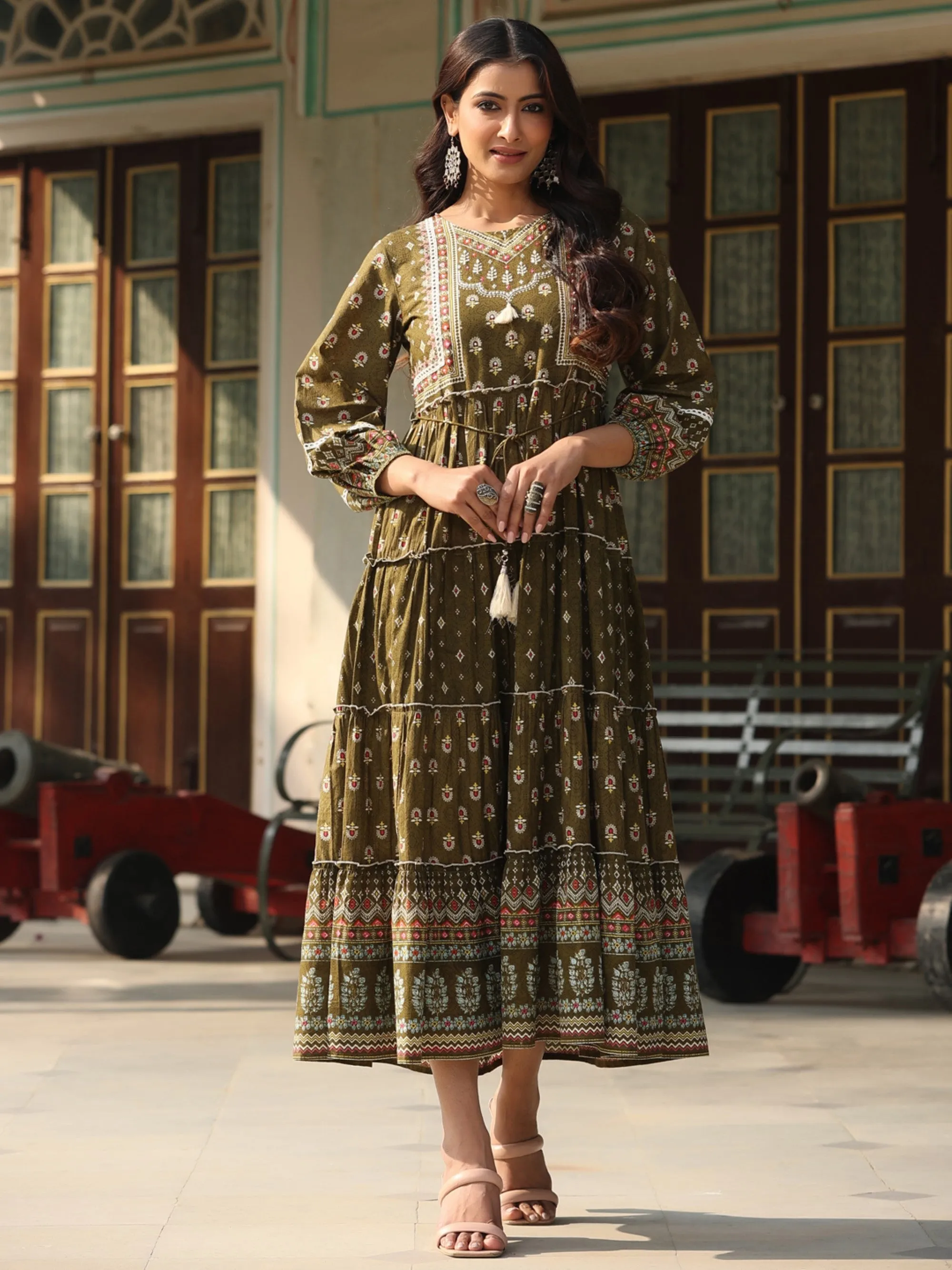 Olive Cambric Printed Tiered Dress