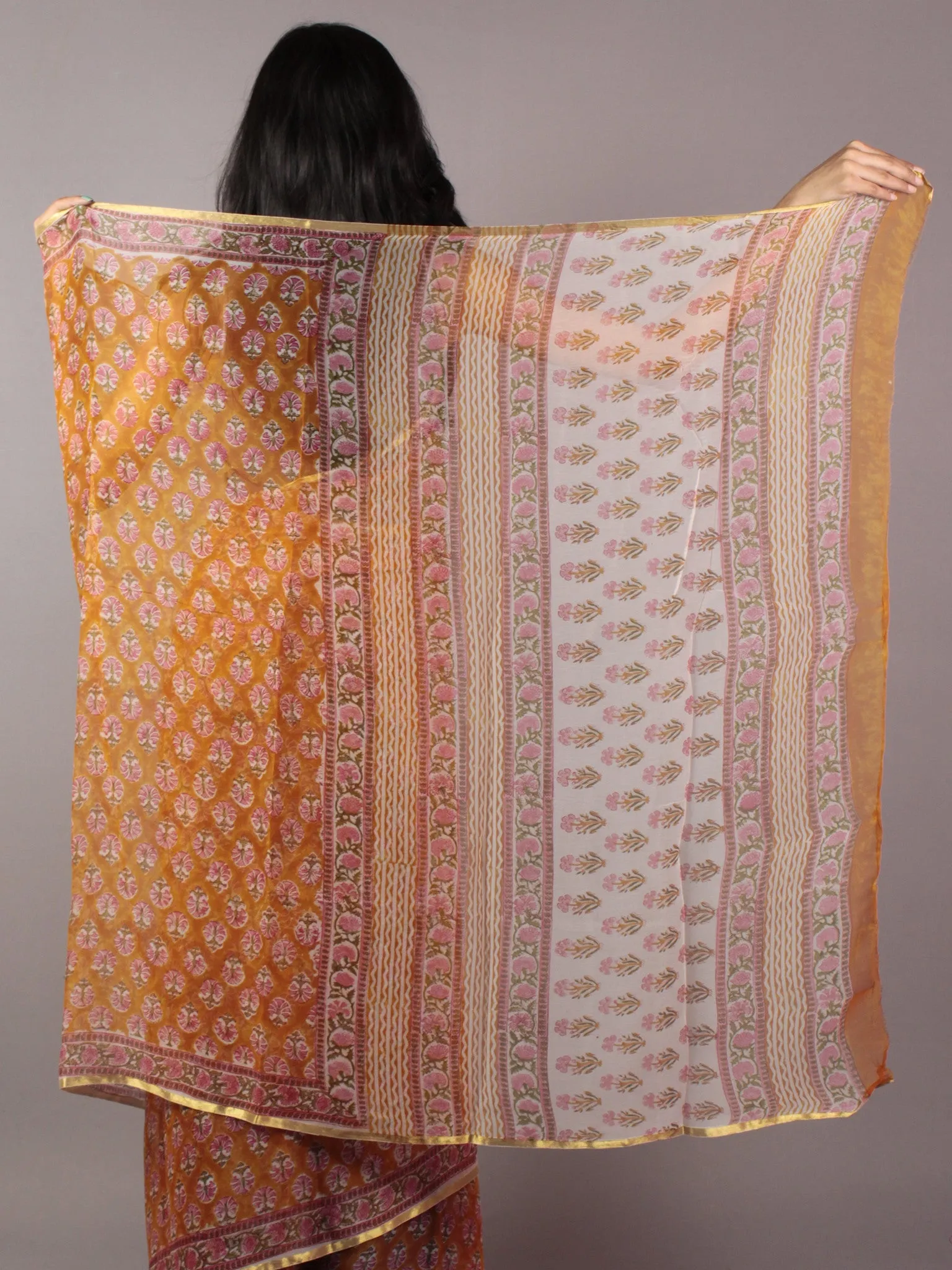 Orange Pink Green Hand Block Printed Chiffon Saree - S031701845