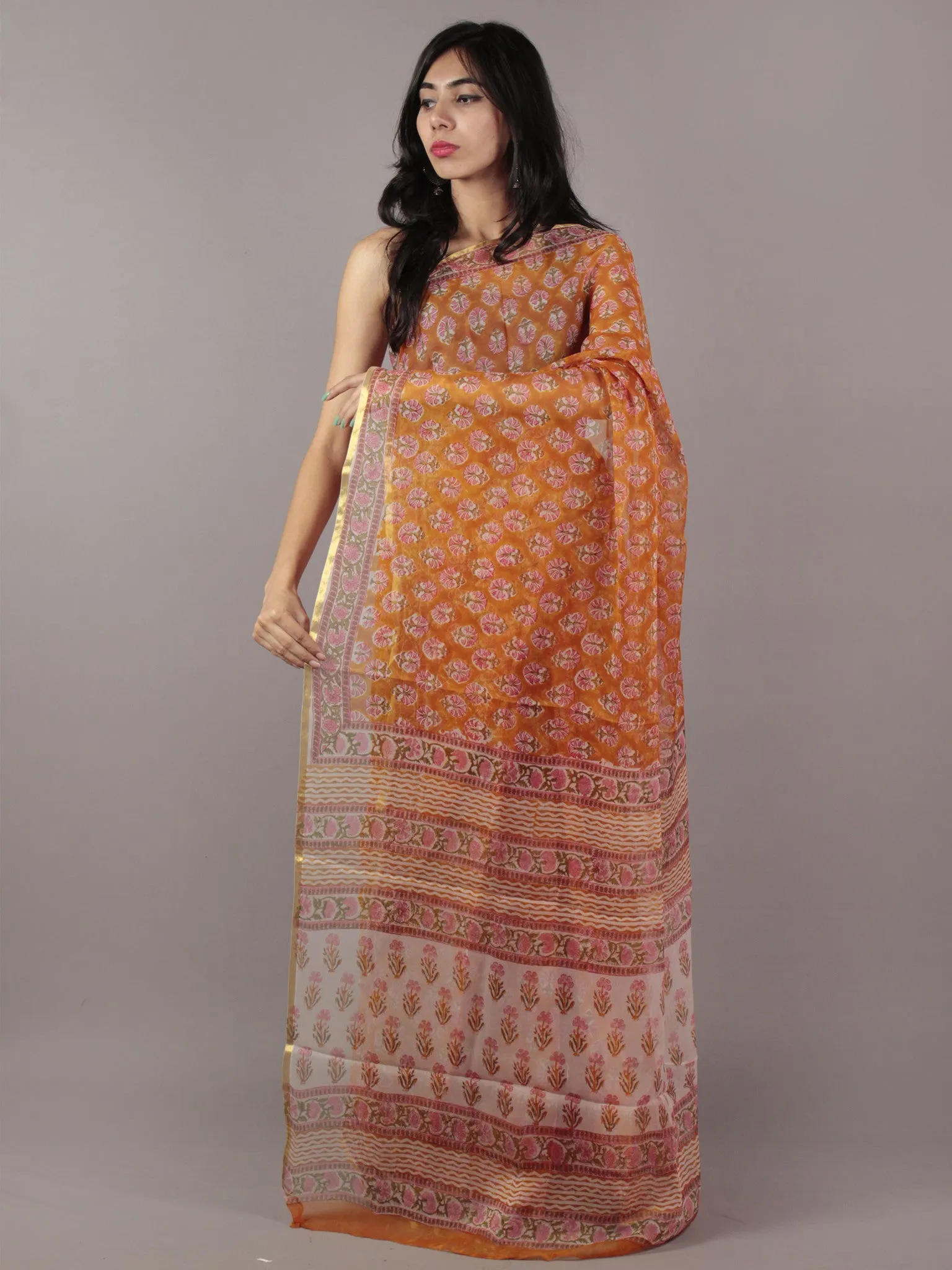 Orange Pink Green Hand Block Printed Chiffon Saree - S031701845