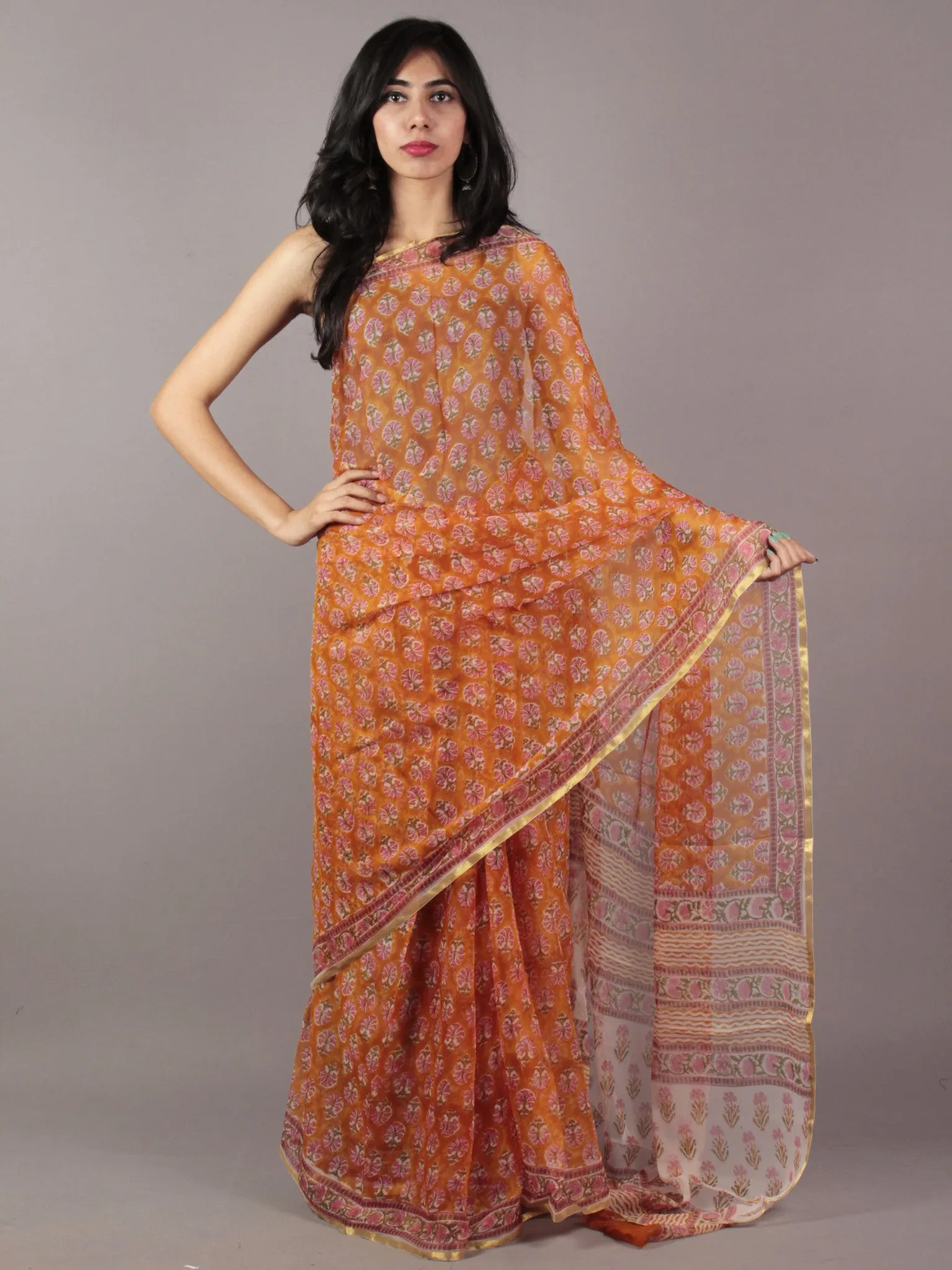 Orange Pink Green Hand Block Printed Chiffon Saree - S031701845