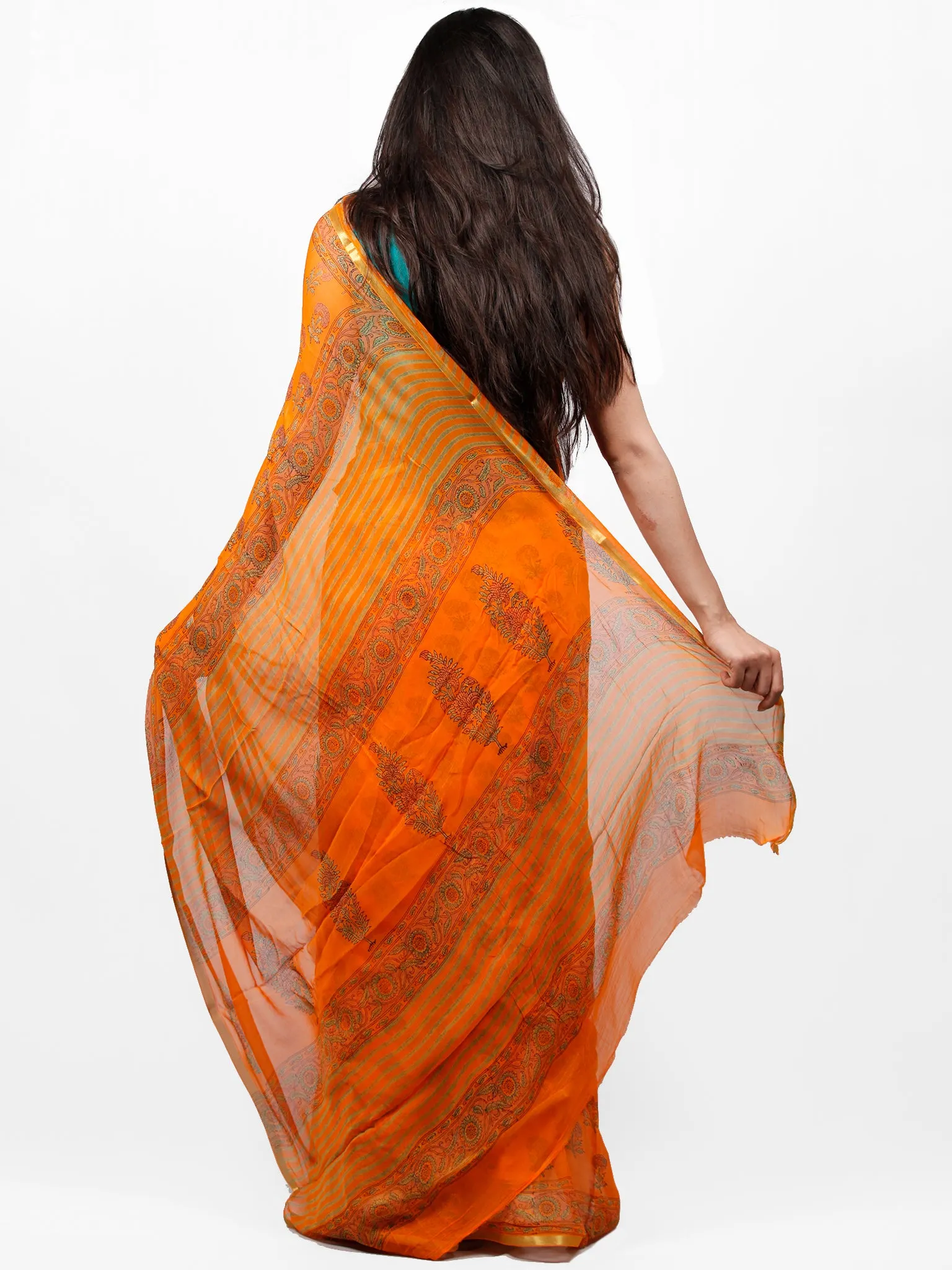 Orange Red Green Hand Block Printed Chiffon Saree with Zari Border - S031703280