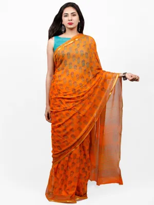 Orange Red Green Hand Block Printed Chiffon Saree with Zari Border - S031703280