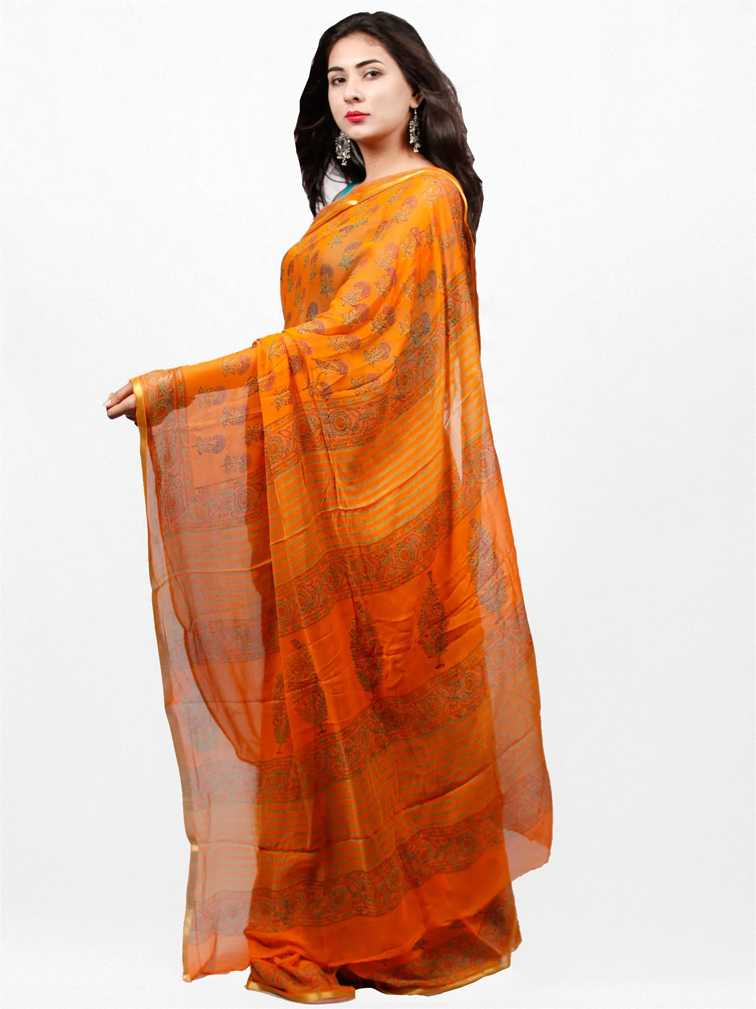 Orange Red Green Hand Block Printed Chiffon Saree with Zari Border - S031703280