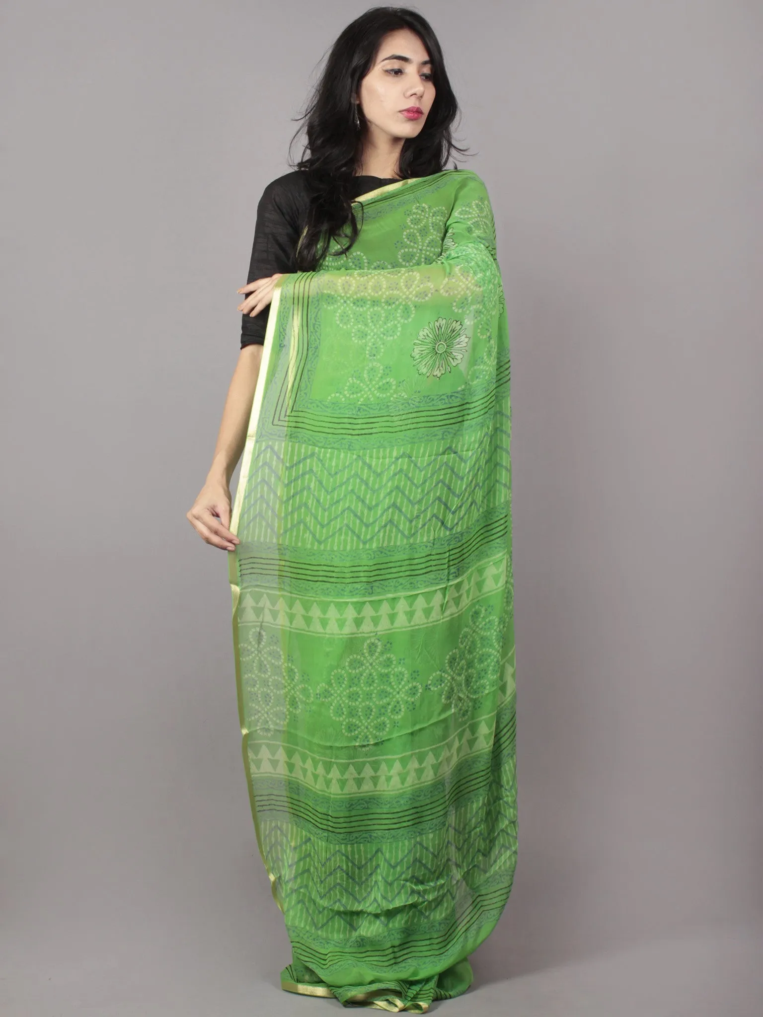 Pastel Green Ivory Hand Block Printed Chiffon Saree - S031701665