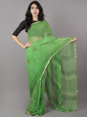 Pastel Green Ivory Hand Block Printed Chiffon Saree - S031701665