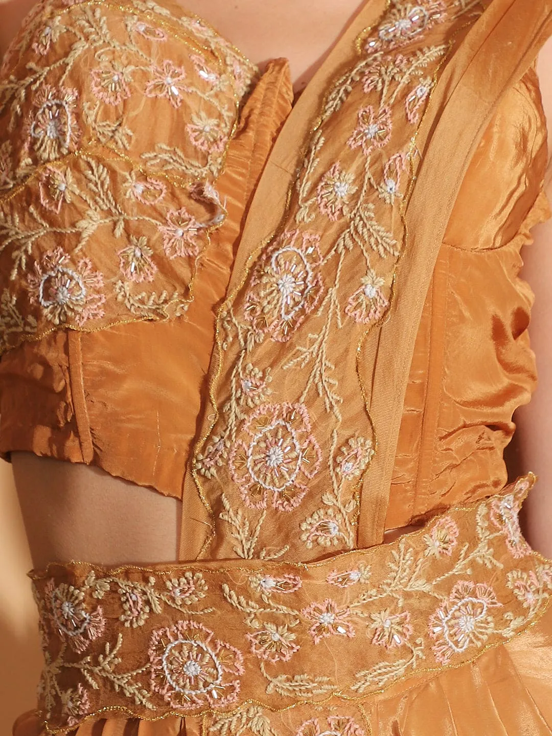 Pastel Orange Embroidered Co-ord set with Long Shrug