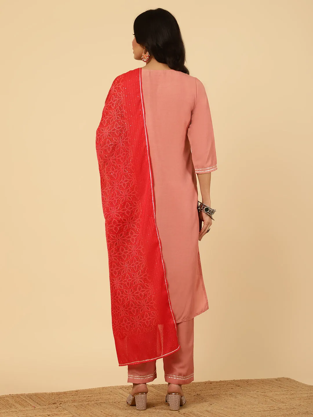 Peach Embroidered Straight Kurta With Pants And Dupatta