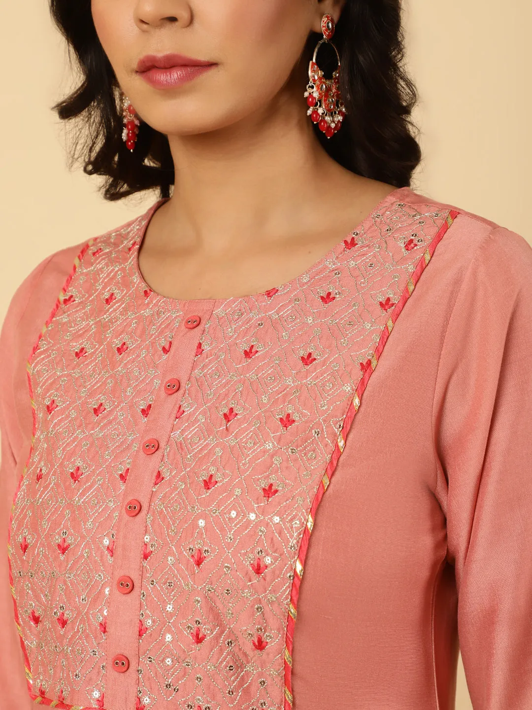 Peach Embroidered Straight Kurta With Pants And Dupatta