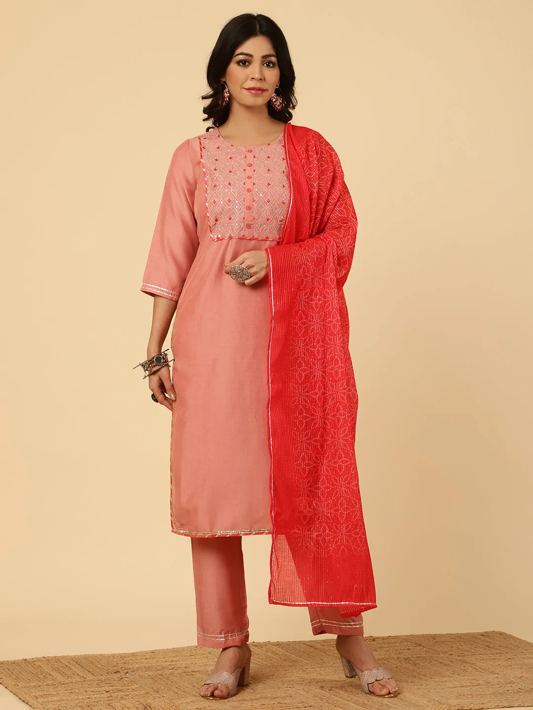 Peach Embroidered Straight Kurta With Pants And Dupatta