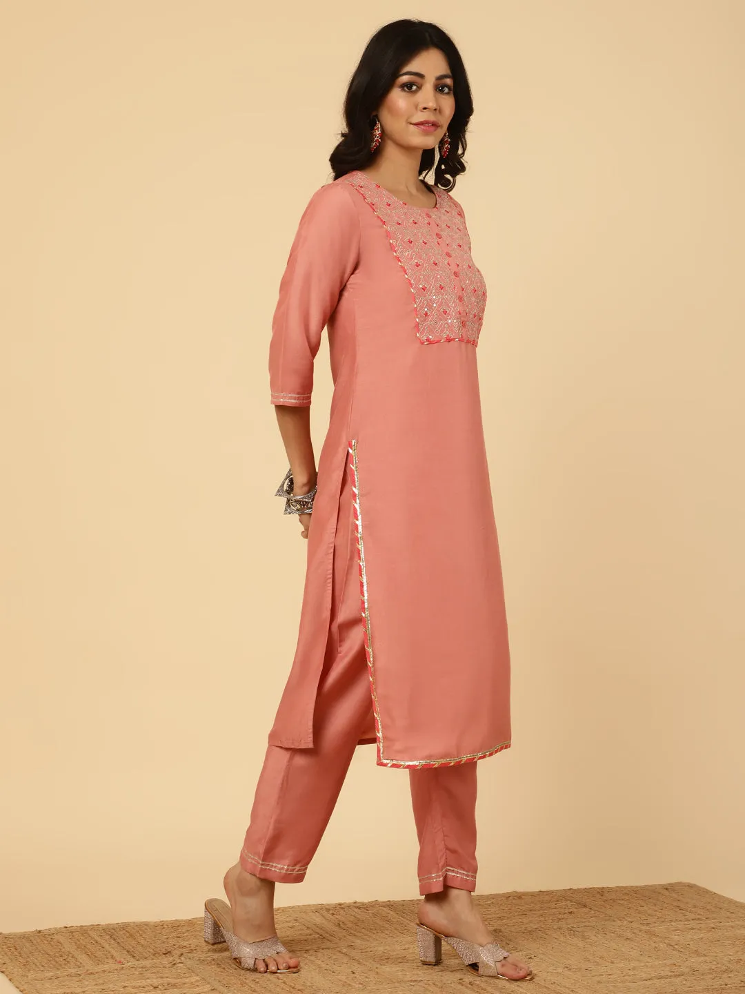 Peach Embroidered Straight Kurta With Pants And Dupatta