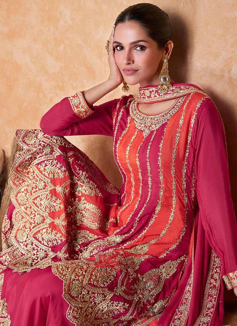 Pink Orange Elegantly Embroidered Chinon Salwar Suit with Embroidered Dupatta