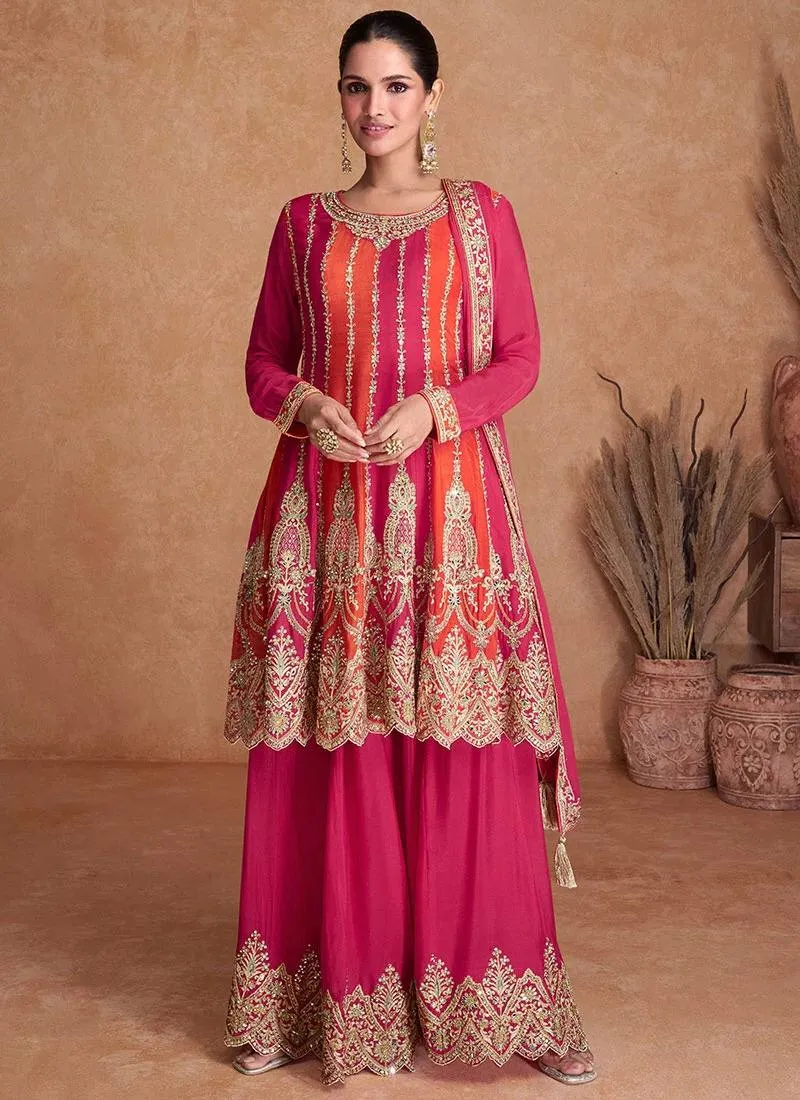 Pink Orange Elegantly Embroidered Chinon Salwar Suit with Embroidered Dupatta