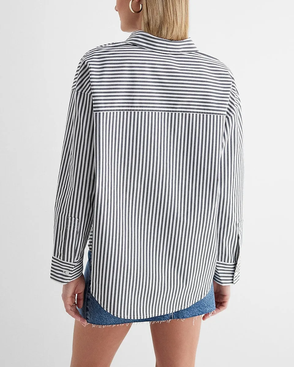 Poplin Striped Boyfriend Portofino Shirt in Black And White Stripe